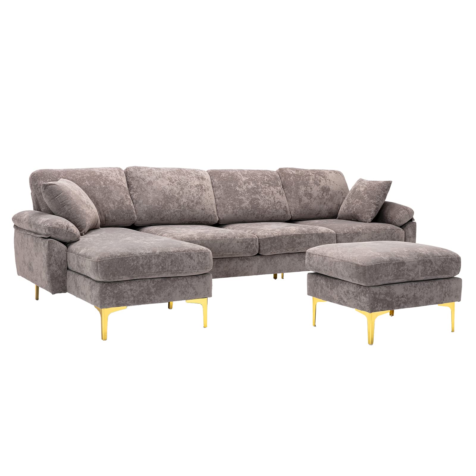 Modern Velvet L-Shaped Couch Set with Chaise Lounge, Ottoman and Pillows 114 inches (Emerald Green) EK HOME FURNITURE