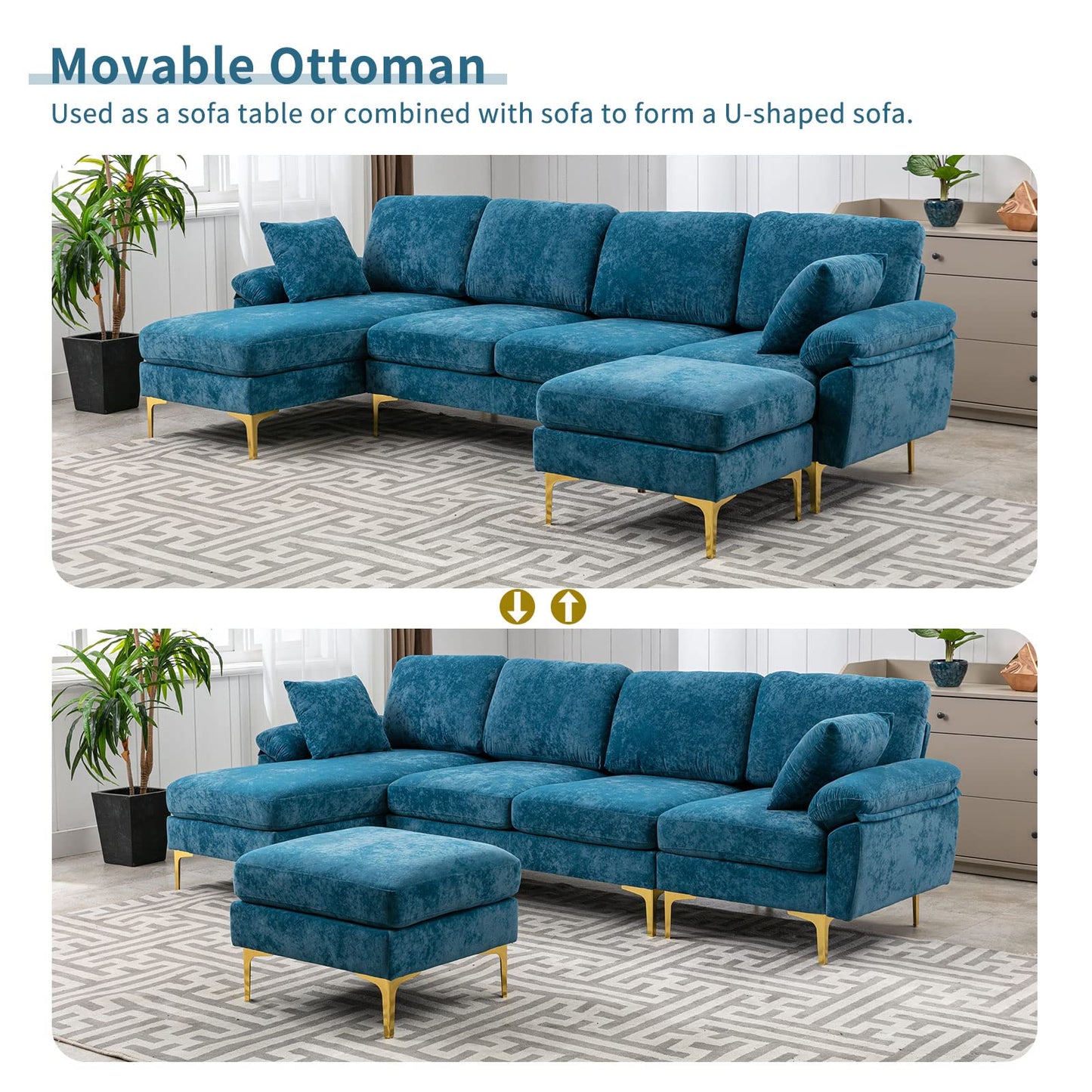 Modern Velvet L-Shaped Couch Set with Chaise Lounge, Ottoman and Pillows 114 inches (Emerald Green) EK HOME FURNITURE