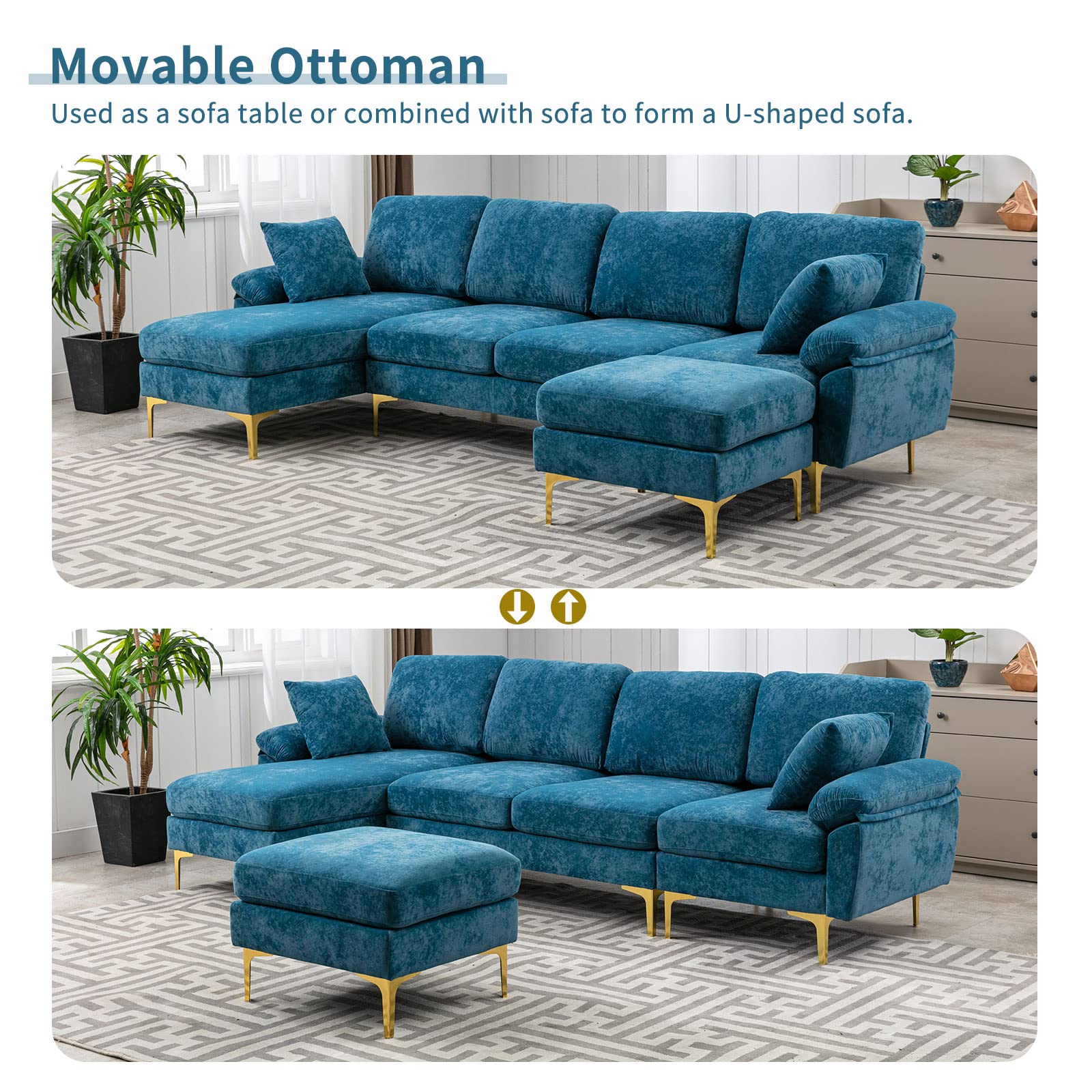 Modern Velvet L-Shaped Couch Set with Chaise Lounge, Ottoman and Pillows 114 inches (Emerald Green) EK HOME FURNITURE