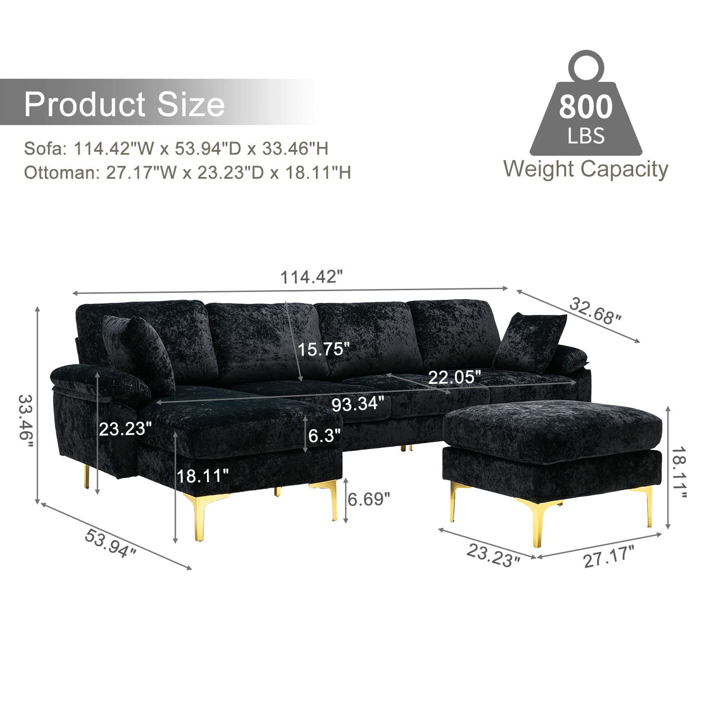 Modern Velvet L-Shaped Couch Set with Chaise Lounge, Ottoman and Pillows 114 inches (Emerald Green) EK HOME FURNITURE