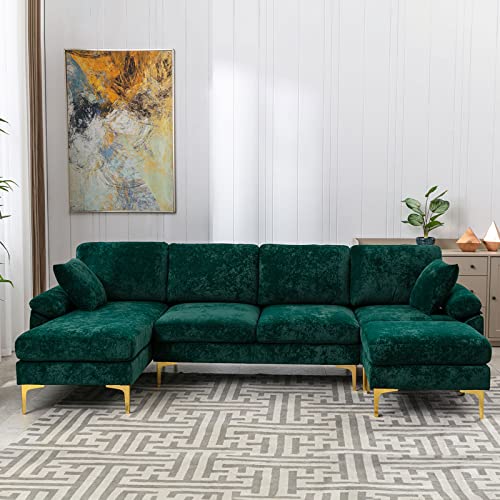 Modern Velvet L-Shaped Couch Set with Chaise Lounge, Ottoman and Pillows 114 inches (Emerald Green) EK HOME FURNITURE