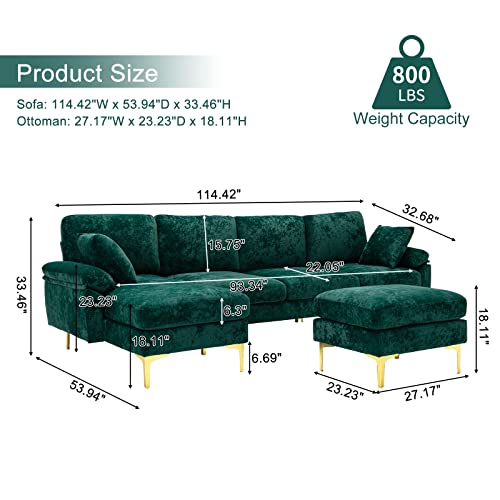 Modern Velvet L-Shaped Couch Set with Chaise Lounge, Ottoman and Pillows 114 inches (Emerald Green) EK HOME FURNITURE