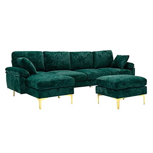 Modern Velvet L-Shaped Couch Set with Chaise Lounge, Ottoman and Pillows 114 inches (Emerald Green) EK HOME FURNITURE