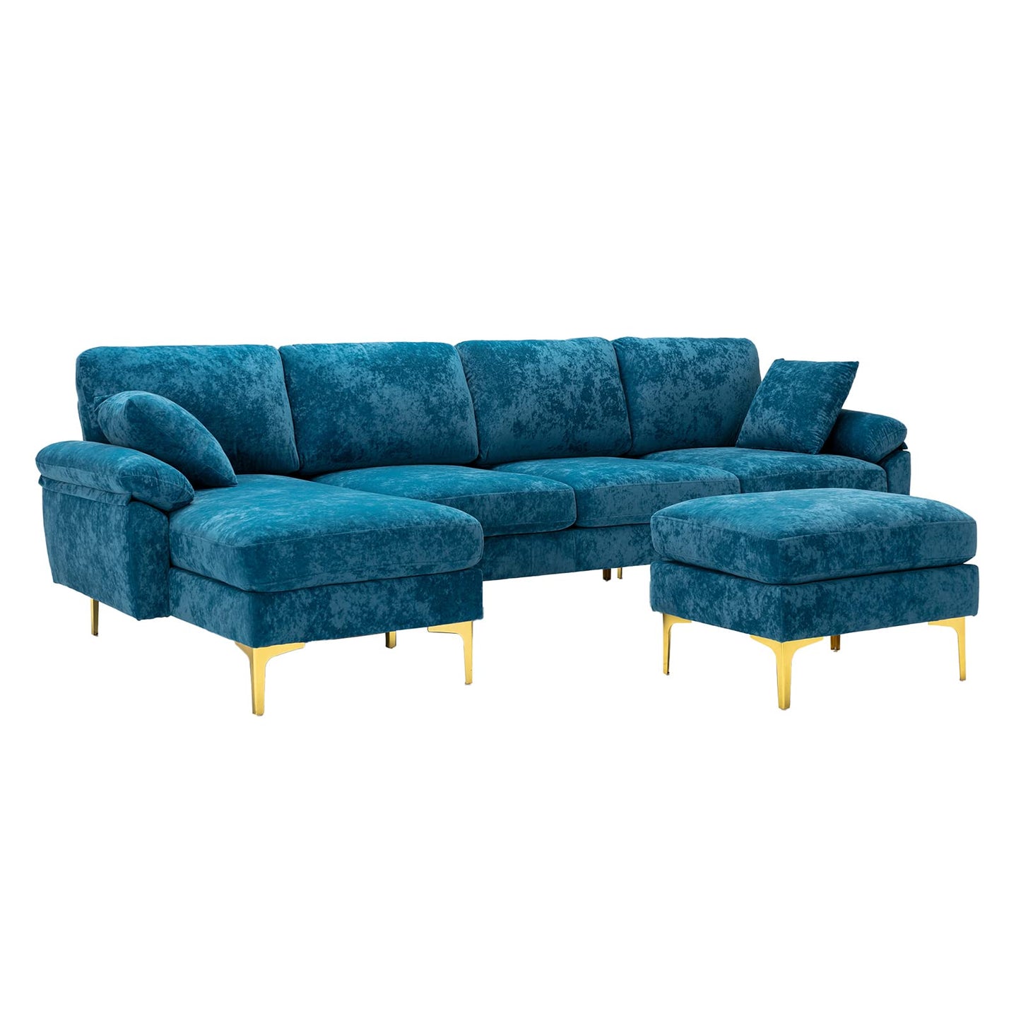 Modern Velvet L-Shaped Couch Set with Chaise Lounge, Ottoman and Pillows 114 inches (Emerald Green) EK HOME FURNITURE