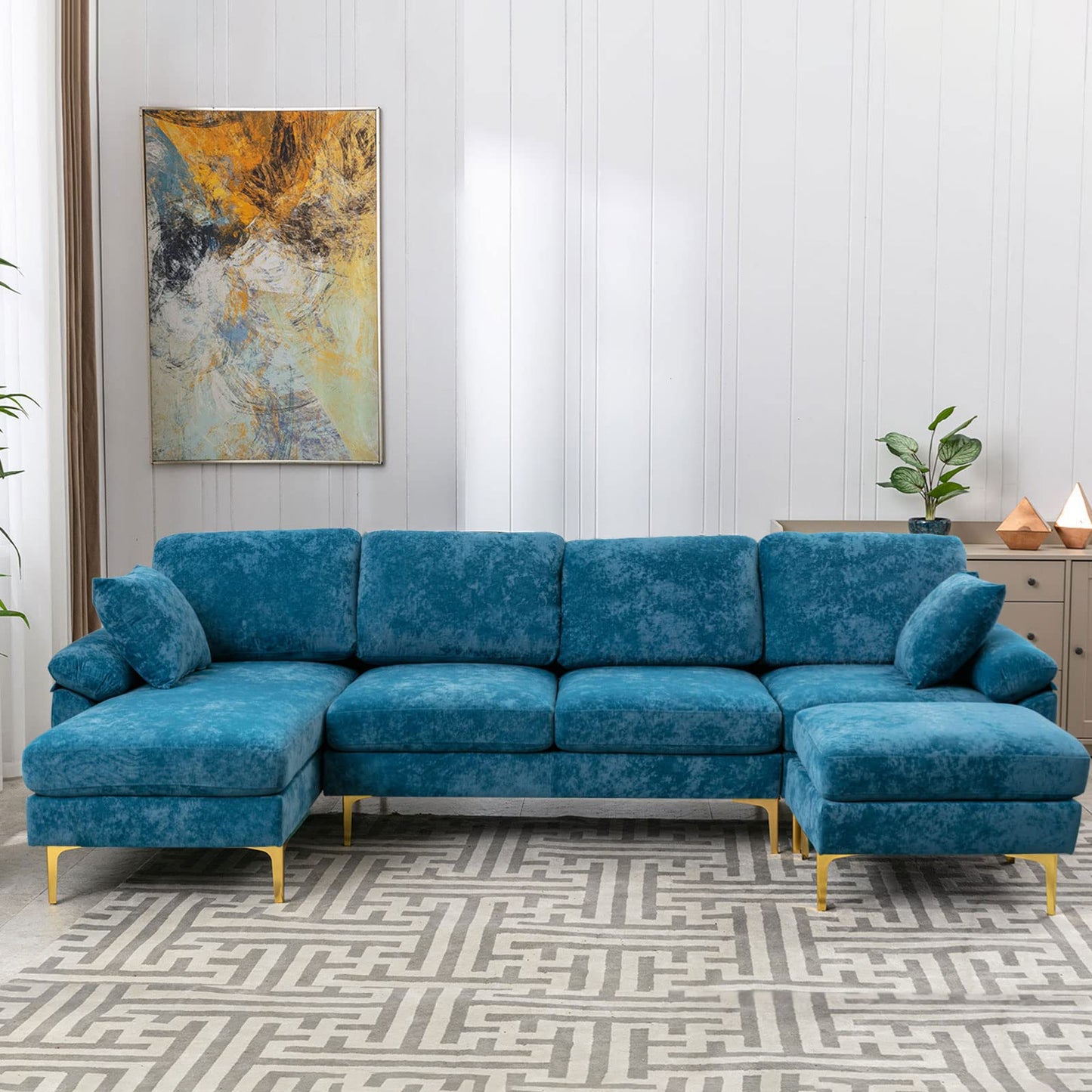 Modern Velvet L-Shaped Couch Set with Chaise Lounge, Ottoman and Pillows 114 inches (Emerald Green) EK HOME FURNITURE