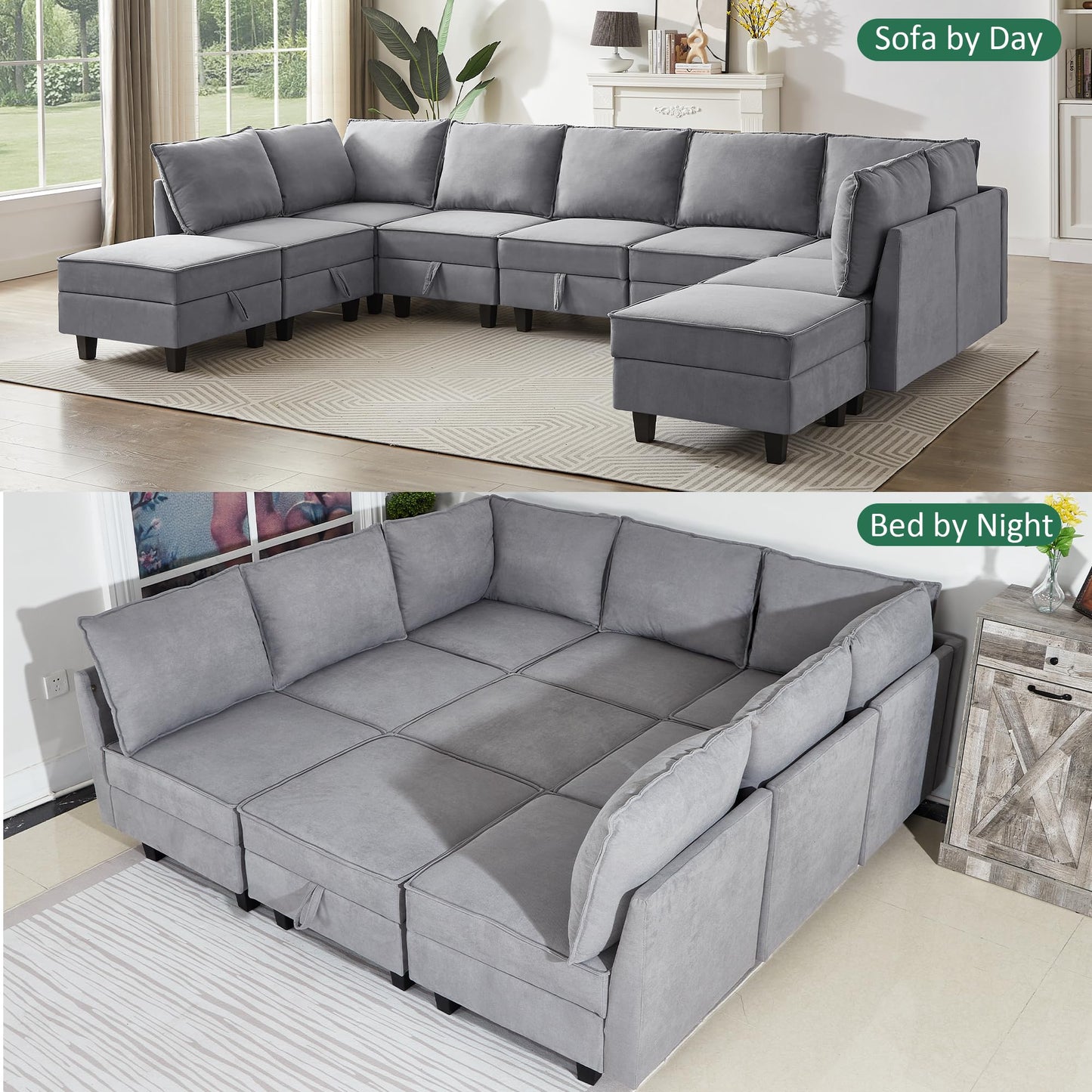 Modular Oversized U Shaped Couch Bed with Storage Seat & Ottoman, Convertible 9-Seater EK HOME FURNITURE