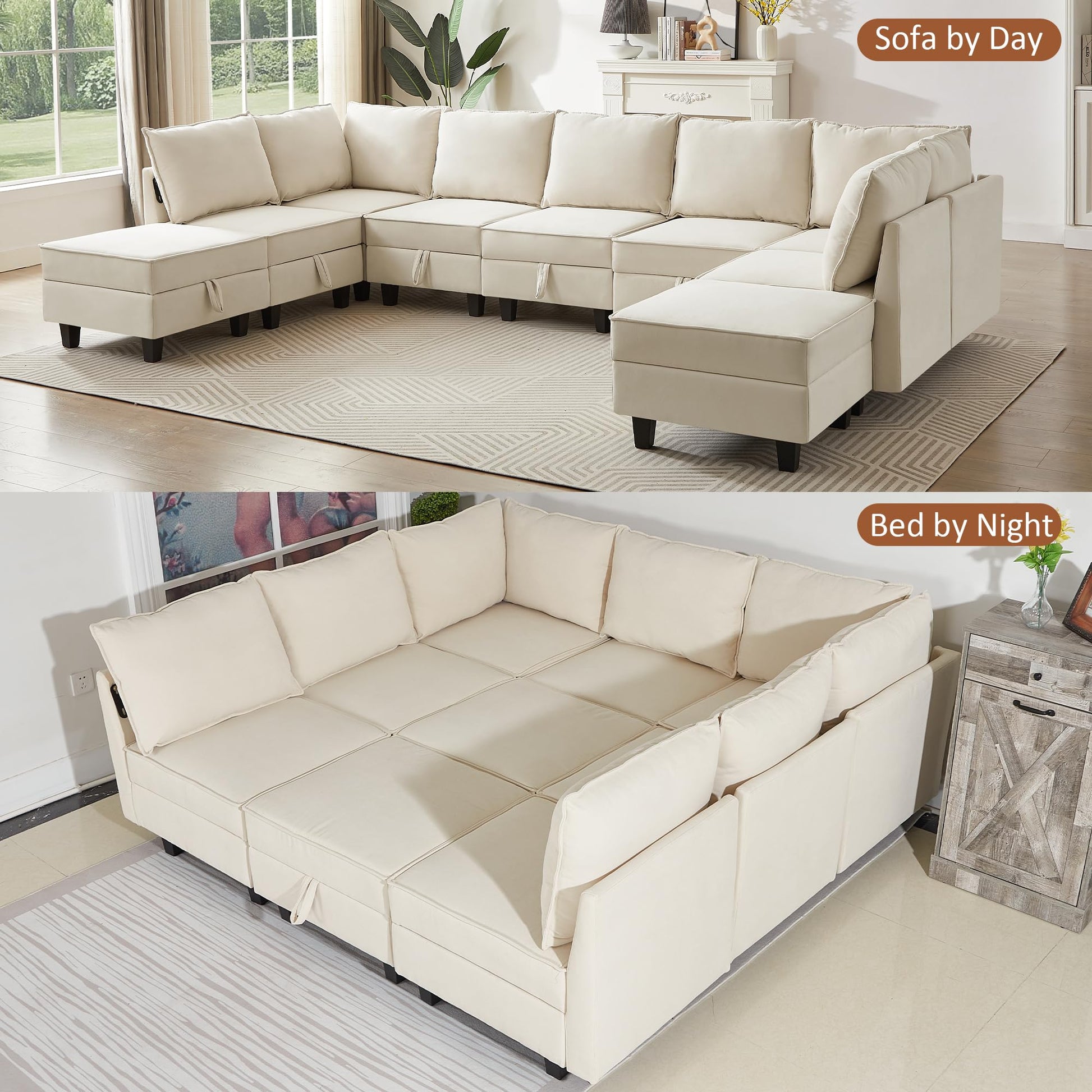 Modular Oversized U Shaped Couch Bed with Storage Seat & Ottoman, Convertible 9-Seater EK HOME FURNITURE