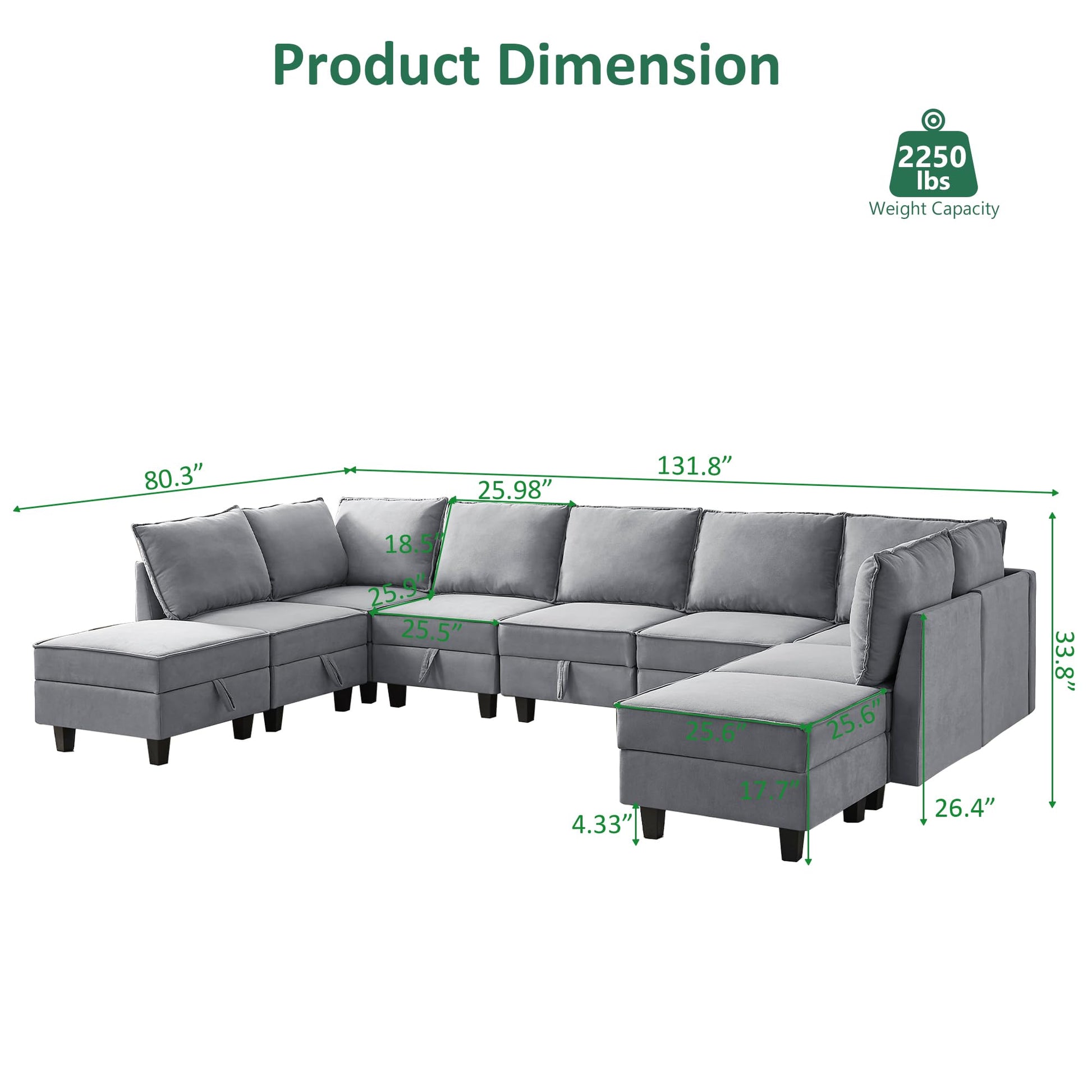 Modular Oversized U Shaped Couch Bed with Storage Seat & Ottoman, Convertible 9-Seater EK HOME FURNITURE