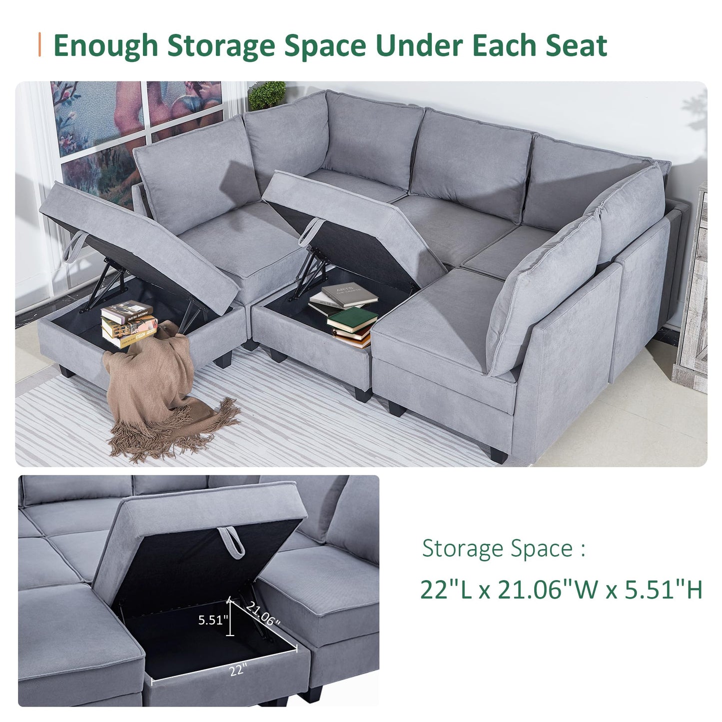 Modular Oversized U Shaped Couch Bed with Storage Seat & Ottoman, Convertible 9-Seater EK HOME FURNITURE