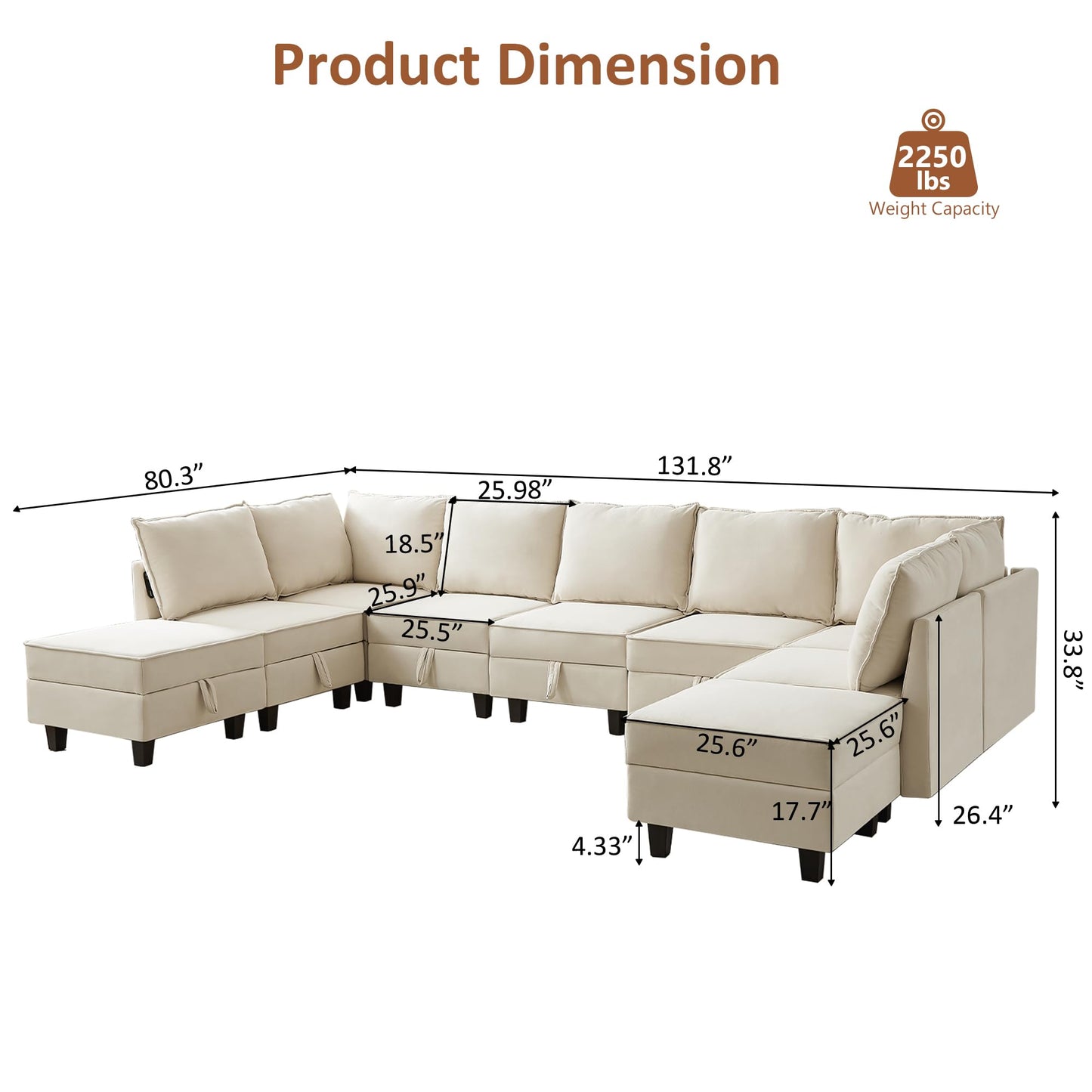 Modular Oversized U Shaped Couch Bed with Storage Seat & Ottoman, Convertible 9-Seater EK HOME FURNITURE