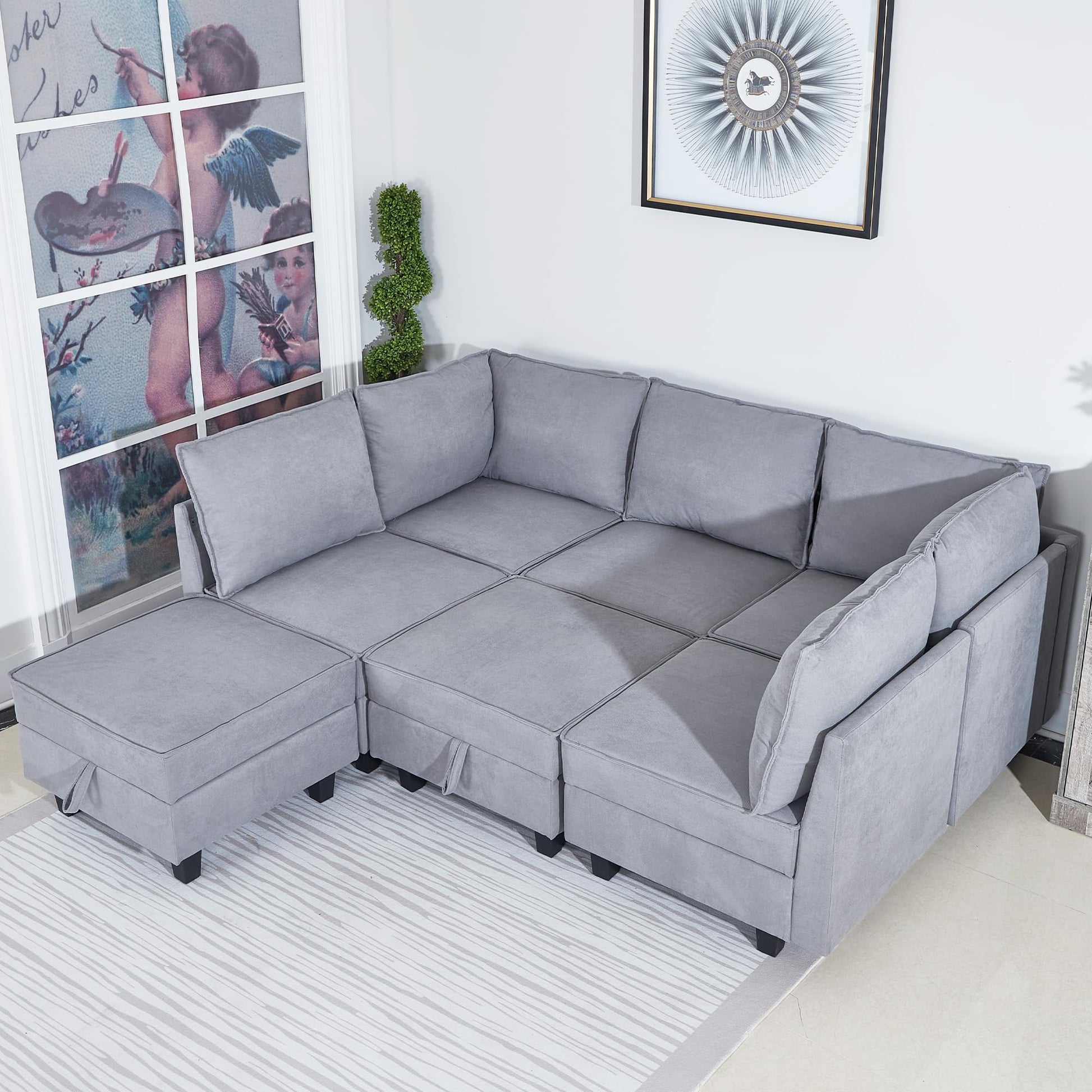 Modular Oversized U Shaped Couch Bed with Storage Seat & Ottoman, Convertible 9-Seater EK HOME FURNITURE