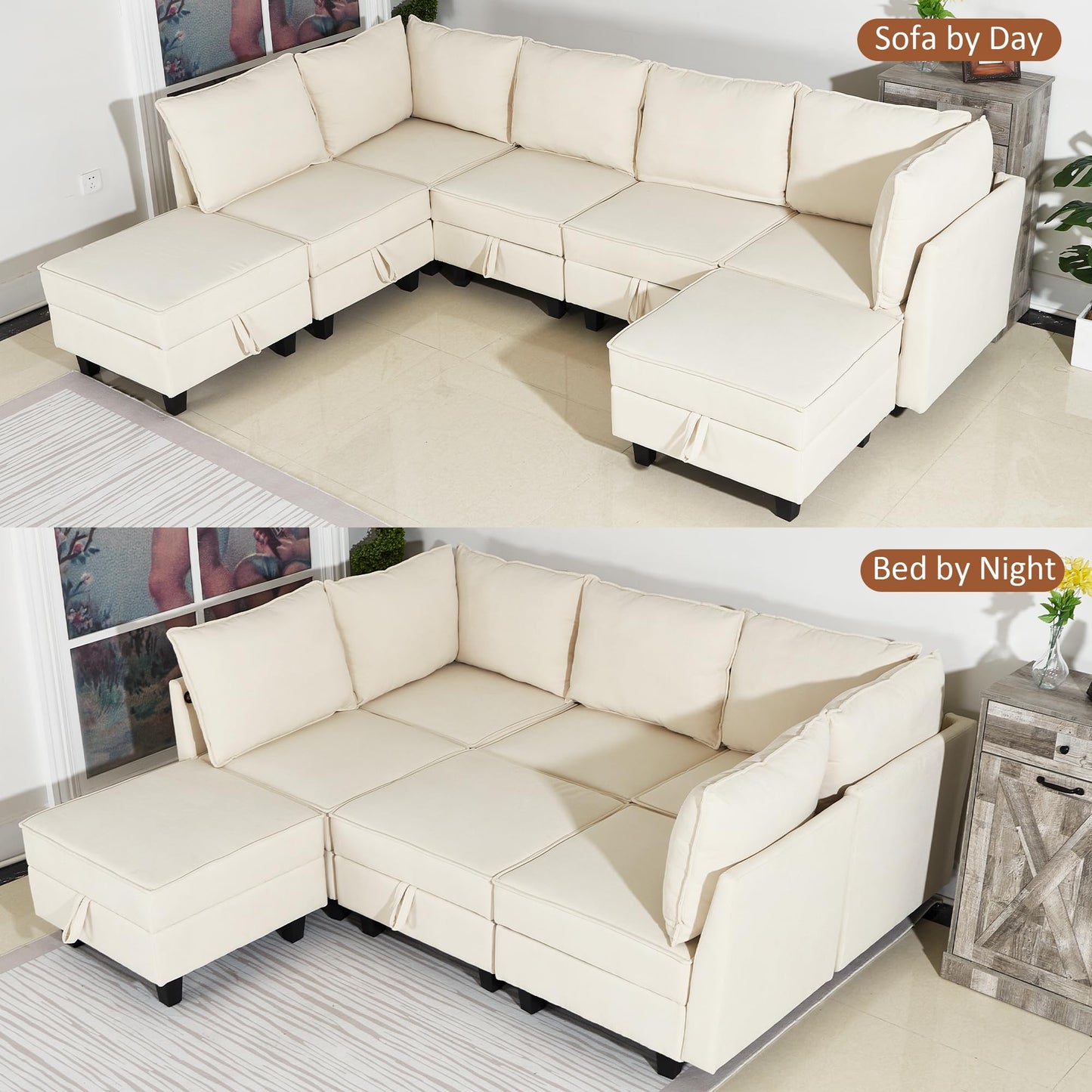 Modular Oversized U Shaped Couch Bed with Storage Seat & Ottoman, Convertible 9-Seater EK HOME FURNITURE