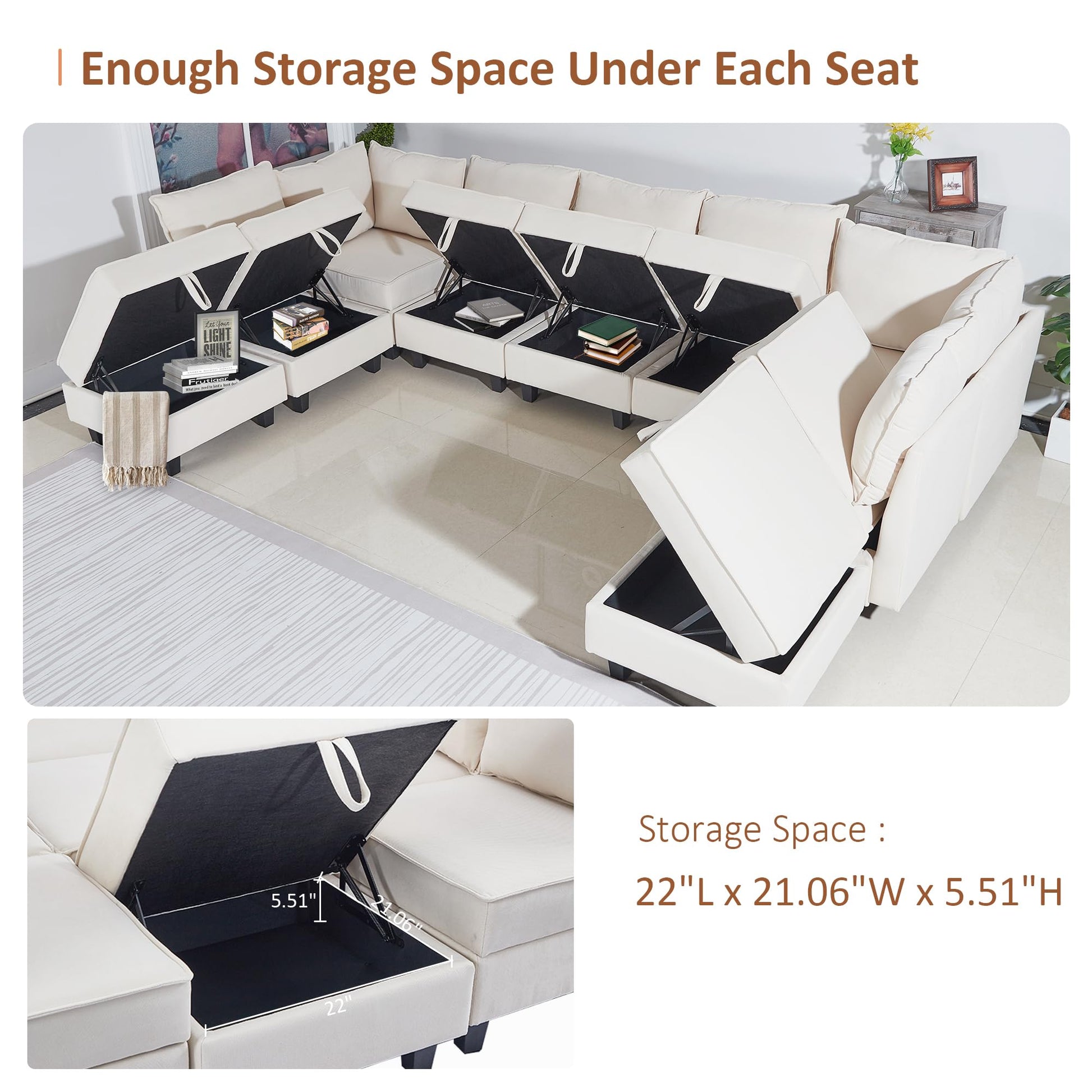 Modular Oversized U Shaped Couch Bed with Storage Seat & Ottoman, Convertible 9-Seater EK HOME FURNITURE