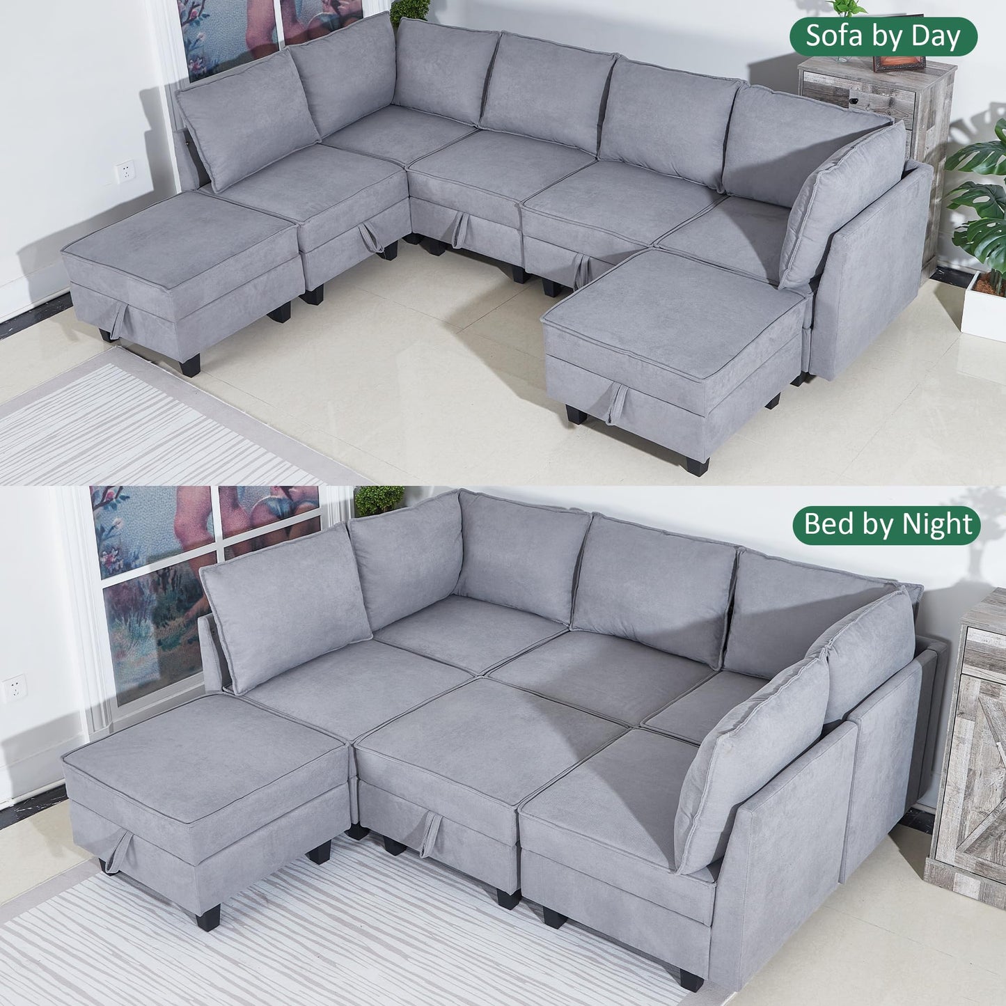 Modular Oversized U Shaped Couch Bed with Storage Seat & Ottoman, Convertible 9-Seater EK HOME FURNITURE