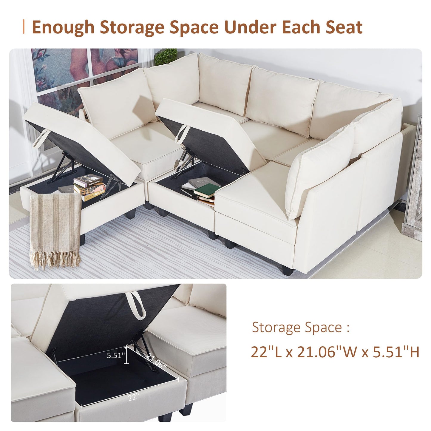 Modular Oversized U Shaped Couch Bed with Storage Seat & Ottoman, Convertible 9-Seater EK HOME FURNITURE