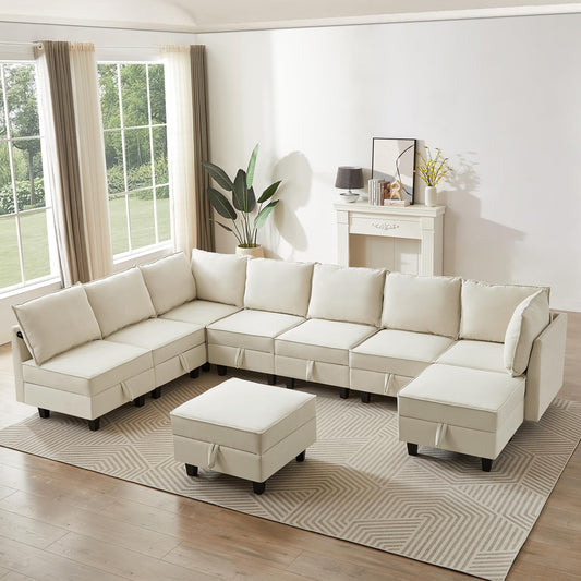 Modular Oversized U Shaped Couch Bed with Storage Seat & Ottoman, Convertible 9-Seater EK HOME FURNITURE