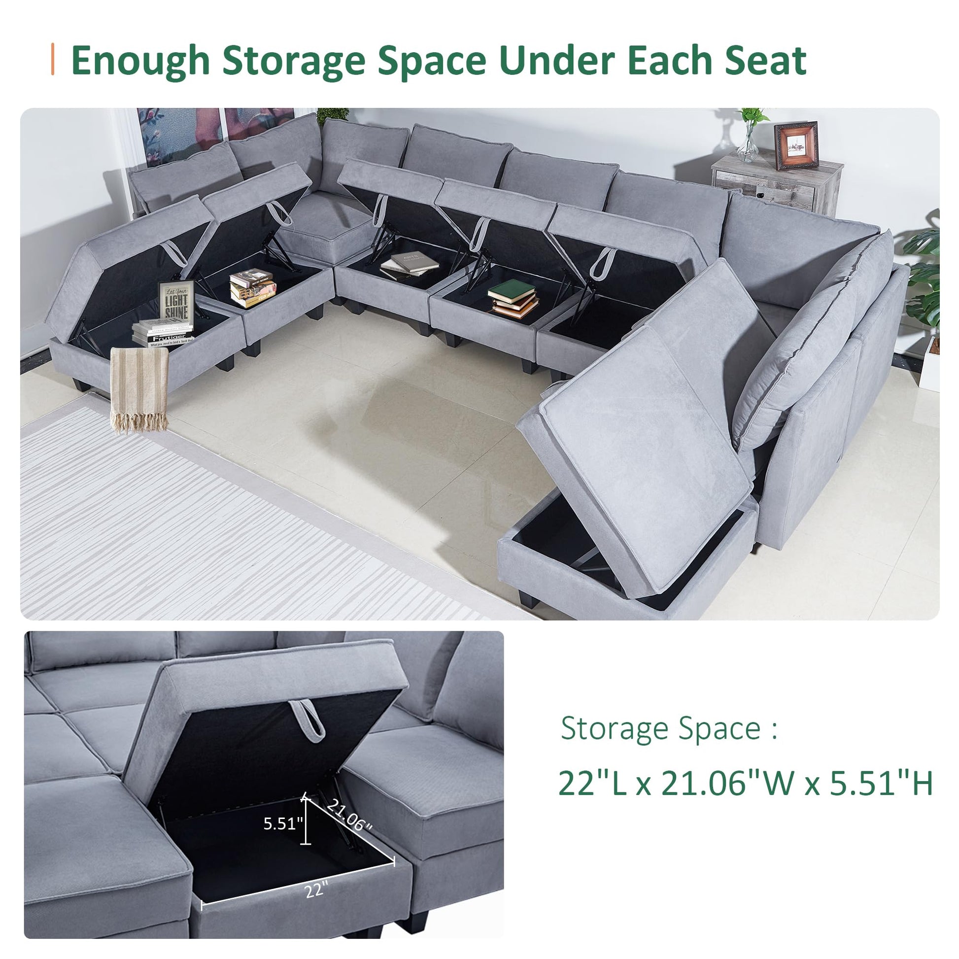 Modular Oversized U Shaped Couch Bed with Storage Seat & Ottoman, Convertible 9-Seater EK HOME FURNITURE