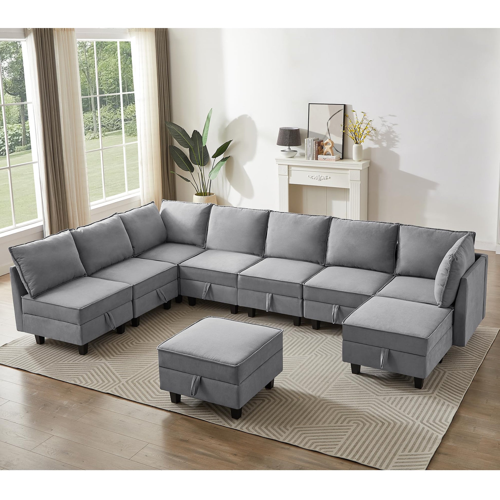 Modular Oversized U Shaped Couch Bed with Storage Seat & Ottoman, Convertible 9-Seater EK HOME FURNITURE