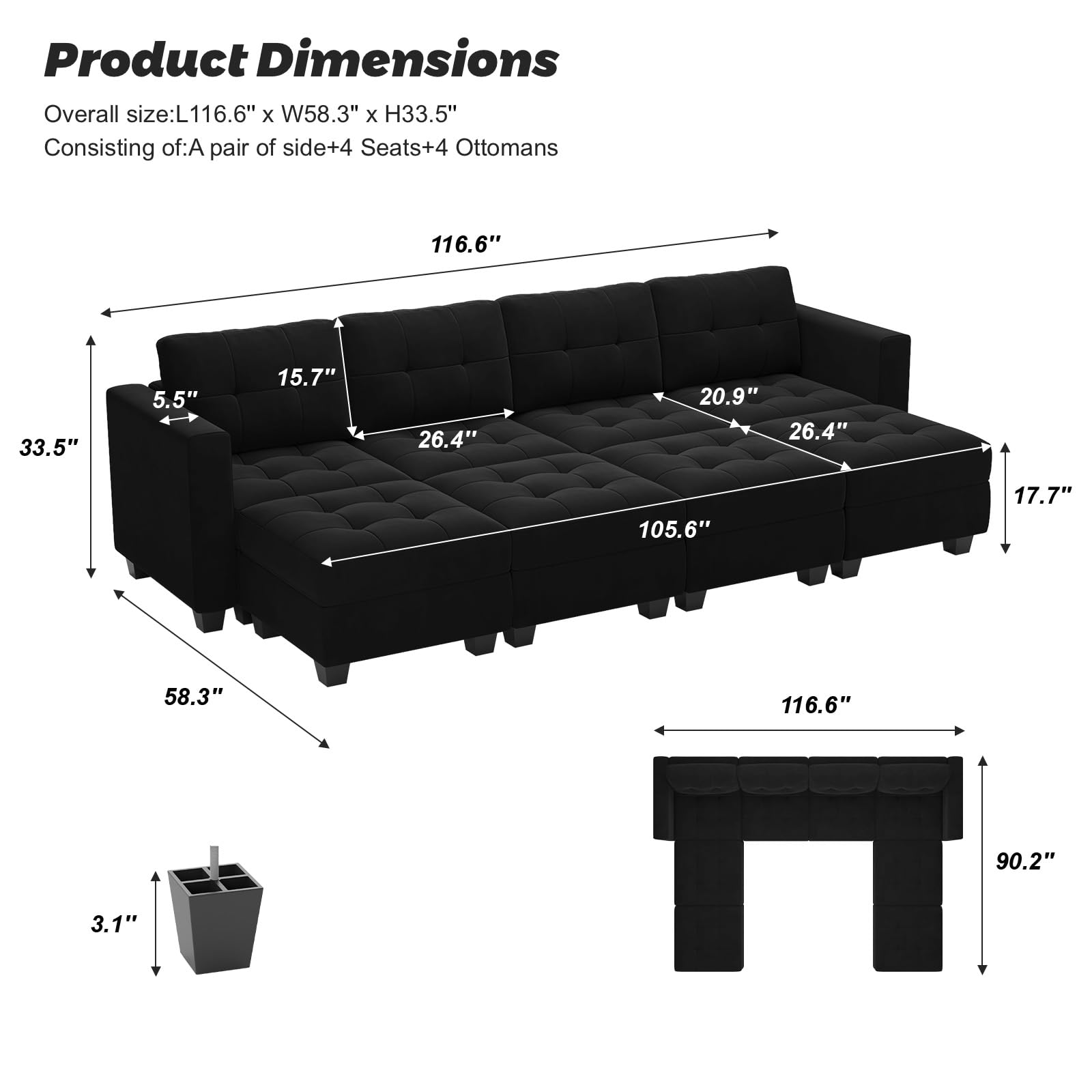 Modular Sleeper Sofa Sectional Couch with Storage Seats Velvet Convertible Sectional EK HOME FURNITURE