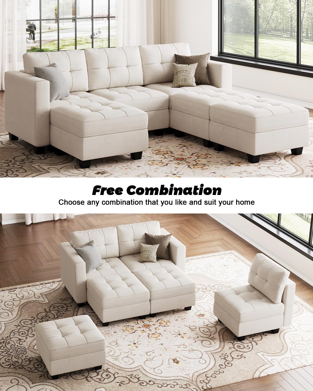 Modular Sleeper Sofa Sectional Couch with Storage Seats Velvet Convertible Sectional EK HOME FURNITURE