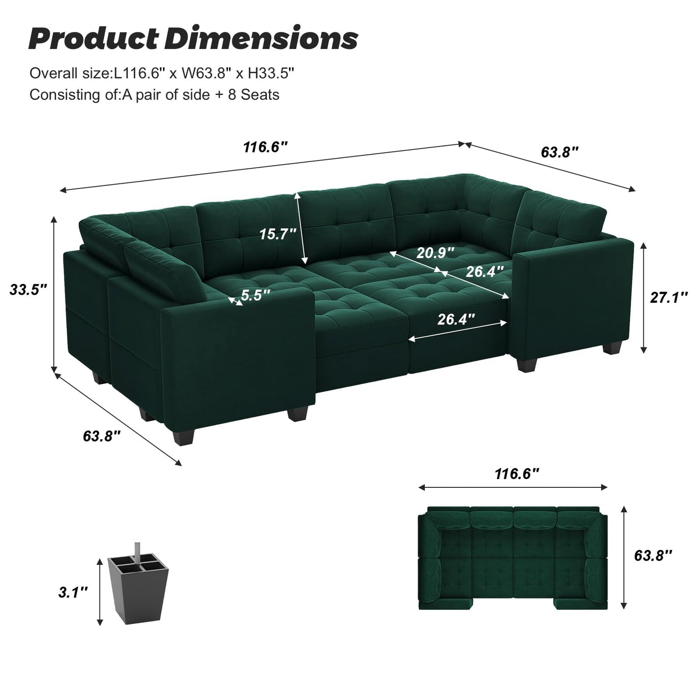 Modular Sleeper Sofa Sectional Couch with Storage Seats Velvet Convertible Sectional EK HOME FURNITURE