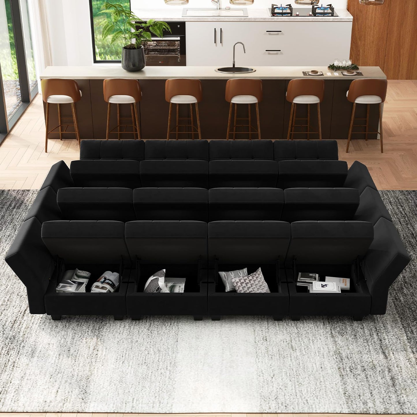 Modular Sleeper Sofa Sectional Couch with Storage Seats Velvet Convertible Sectional EK HOME FURNITURE