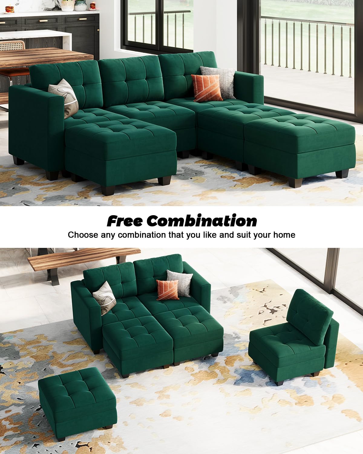 Modular Sleeper Sofa Sectional Couch with Storage Seats Velvet Convertible Sectional EK HOME FURNITURE