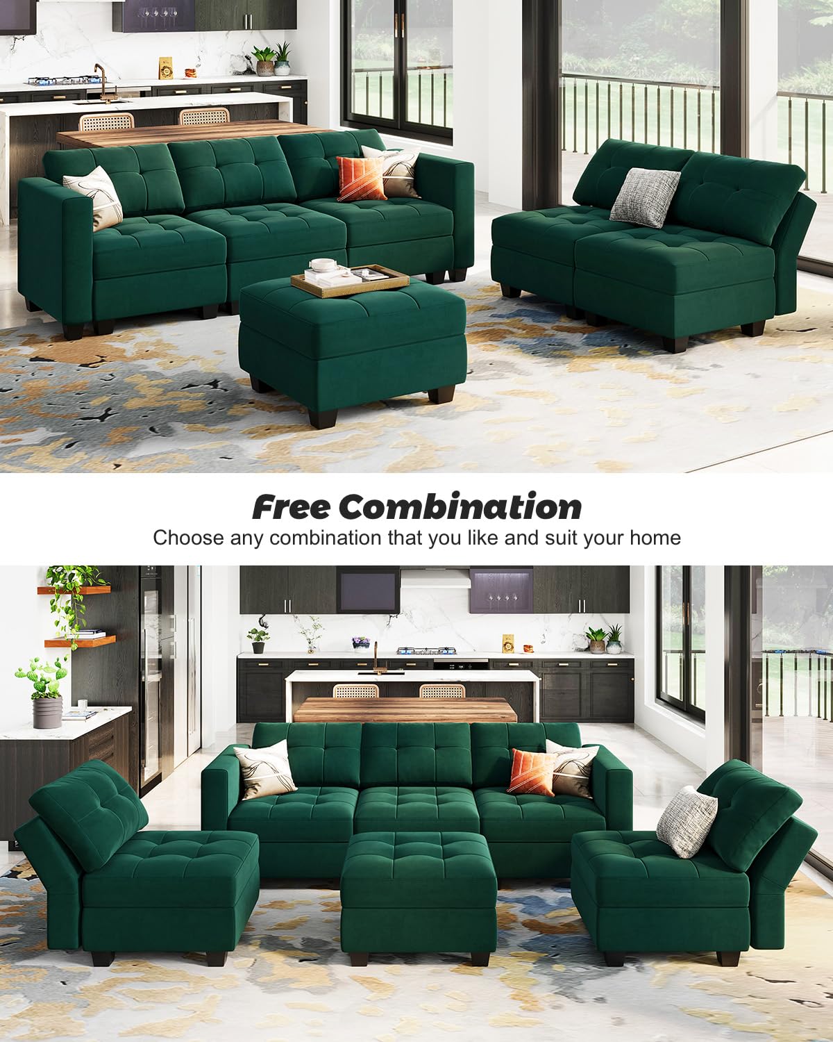 Modular Sleeper Sofa Sectional Couch with Storage Seats Velvet Convertible Sectional EK HOME FURNITURE