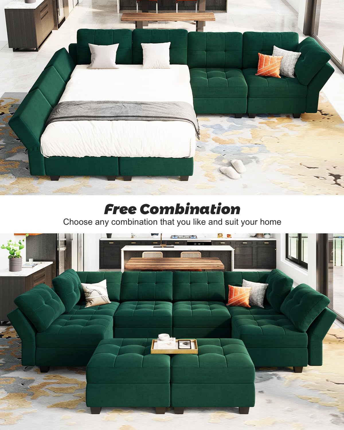 Modular Sleeper Sofa Sectional Couch with Storage Seats Velvet Convertible Sectional EK HOME FURNITURE