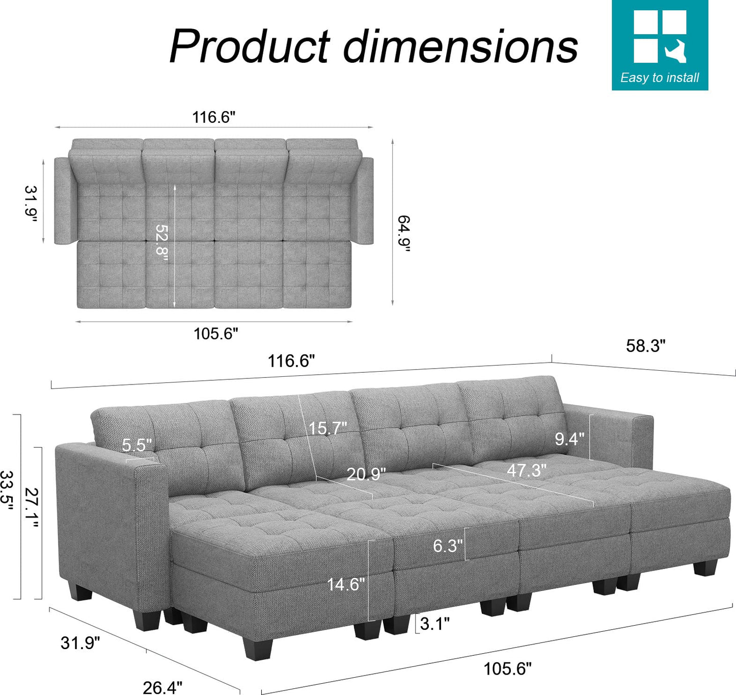 Modular Sofa Bed Set Sectional Oversized Couch Storage Seats EK HOME FURNITURE