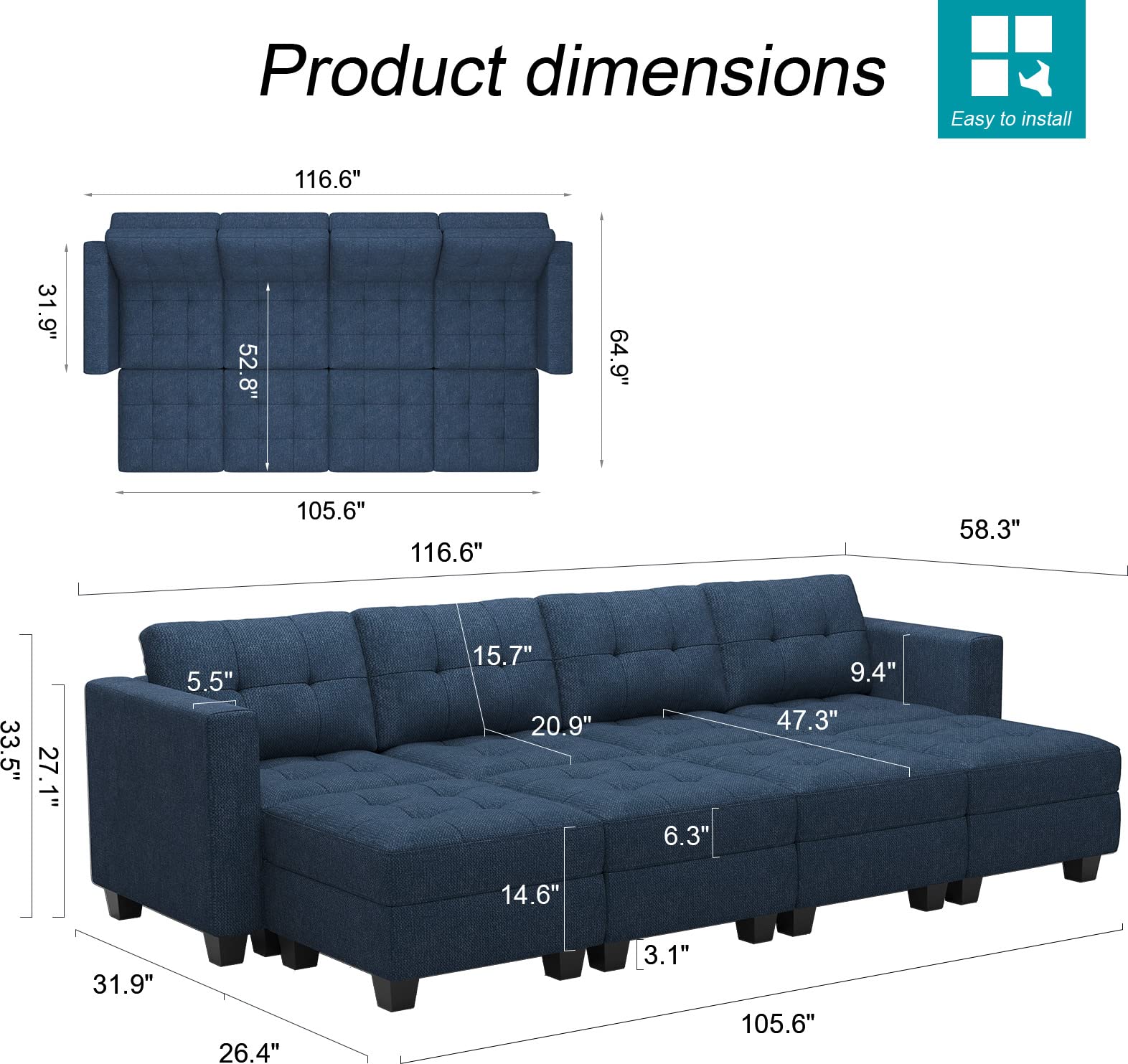 Modular Sofa Bed Set Sectional Oversized Couch Storage Seats EK HOME FURNITURE