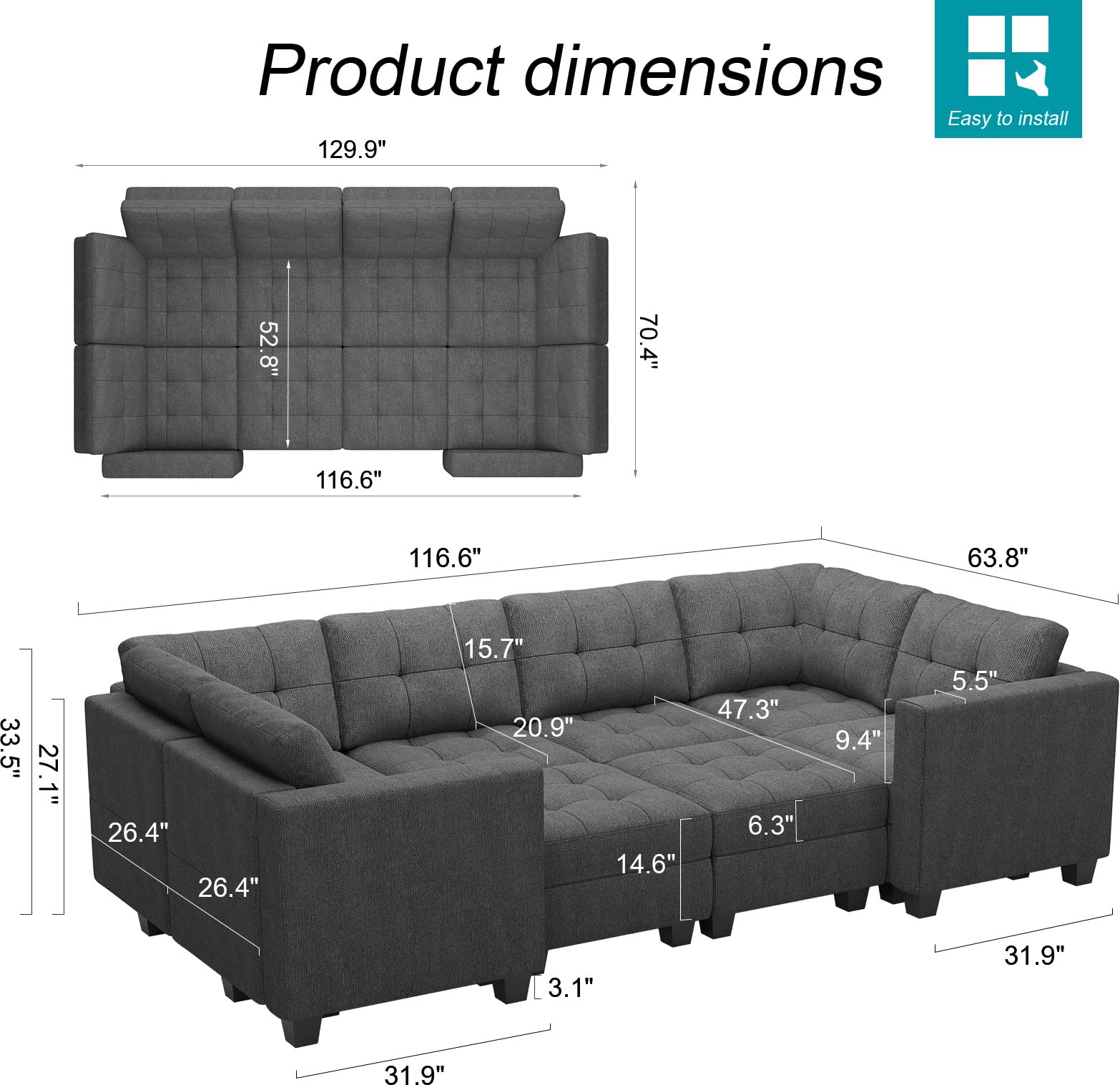 Modular Sofa Bed Set Sectional Oversized Couch Storage Seats EK HOME FURNITURE