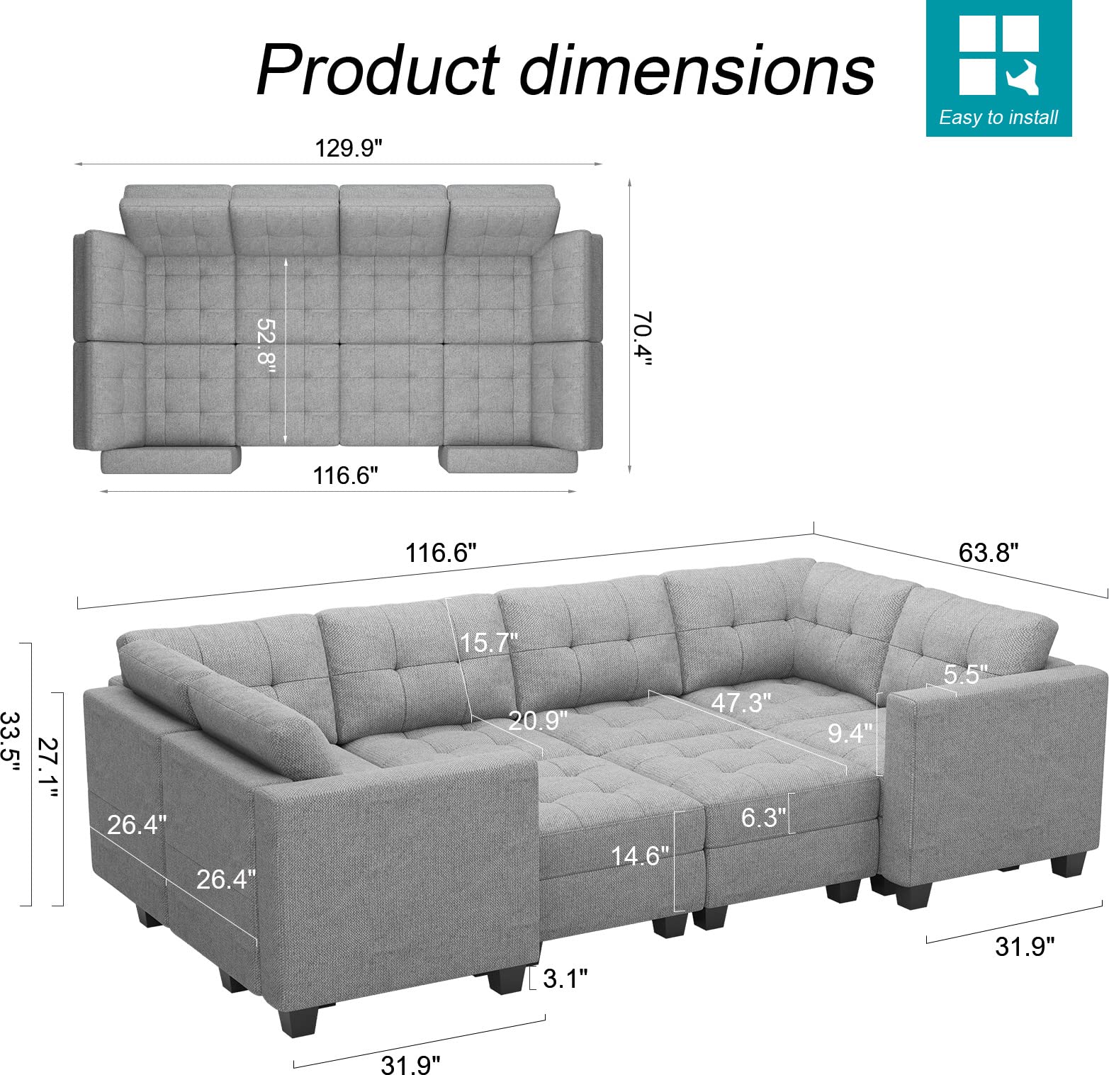 Modular Sofa Bed Set Sectional Oversized Couch Storage Seats EK HOME FURNITURE