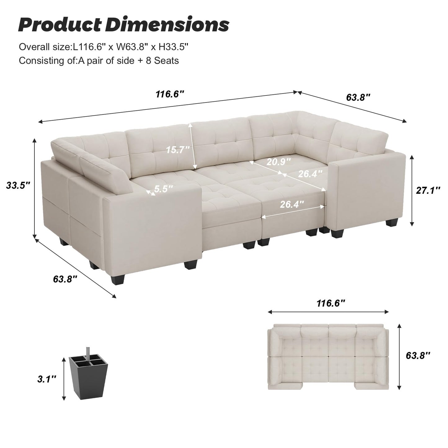 Modular Sofa Bed Set Sectional Oversized Couch Storage Seats EK HOME FURNITURE