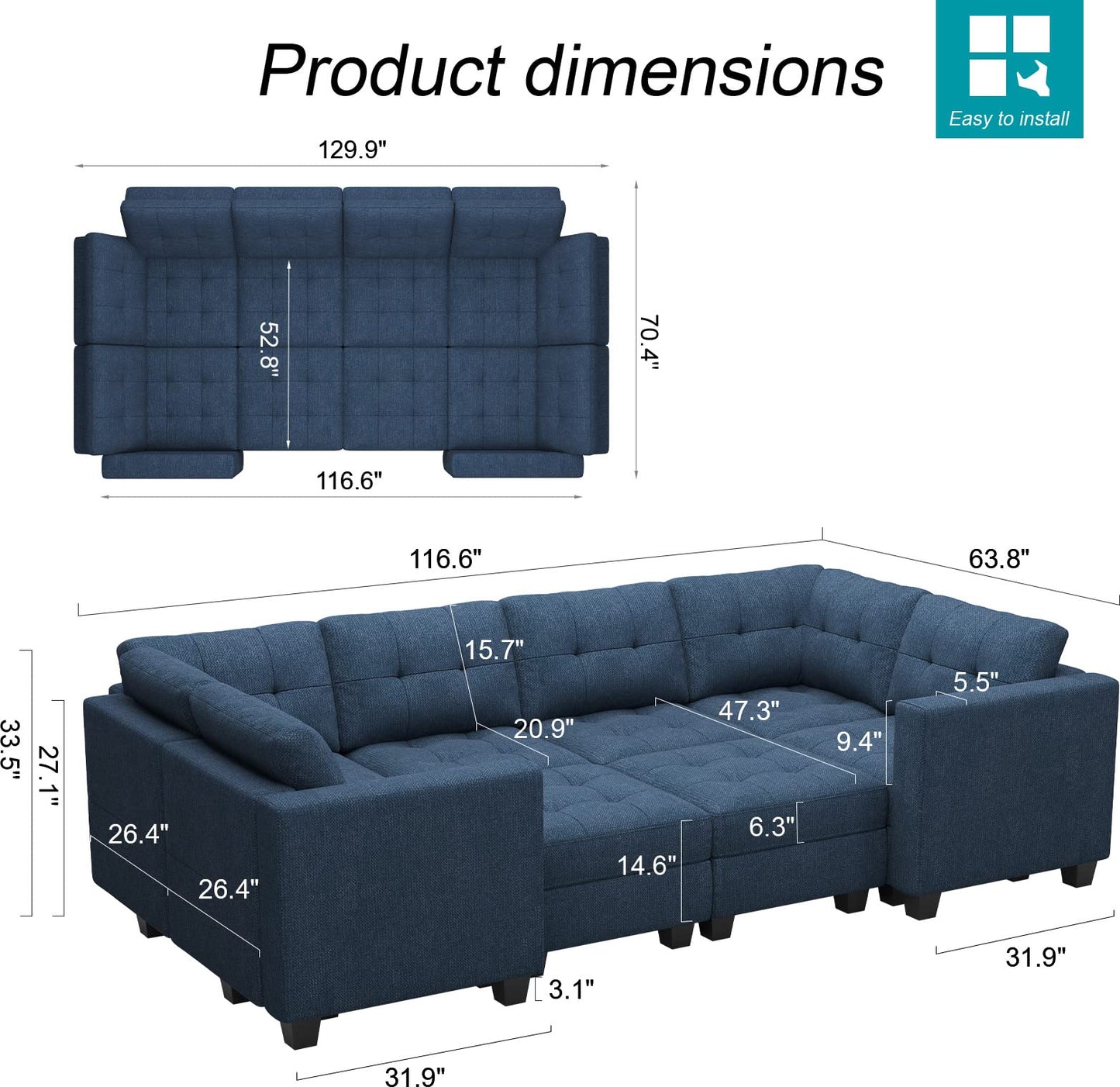 Modular Sofa Bed Set Sectional Oversized Couch Storage Seats EK HOME FURNITURE