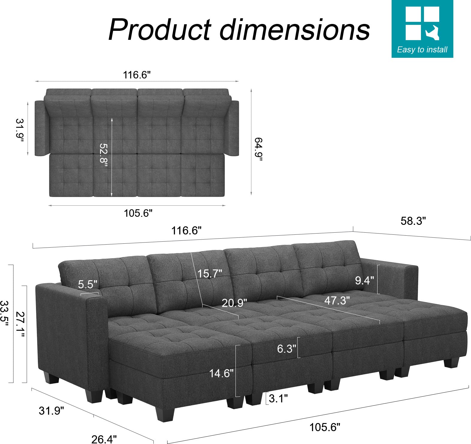 Modular Sofa Bed Set Sectional Oversized Couch Storage Seats EK HOME FURNITURE