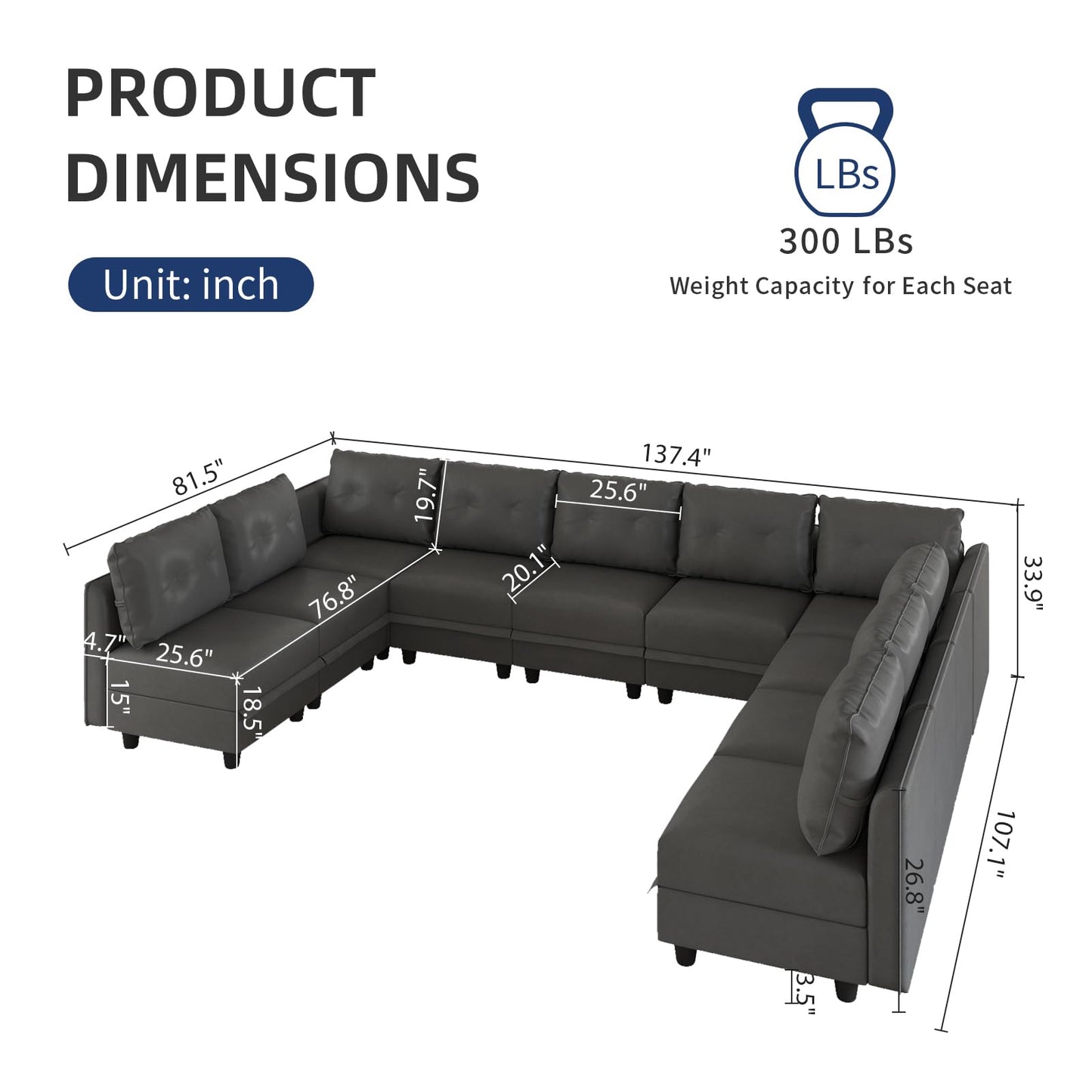 Oversized Modular Sofa Sectional Couch with Storage, Large 14 Seater U Shaped Sofa with Chaise EK HOME FURNITURE