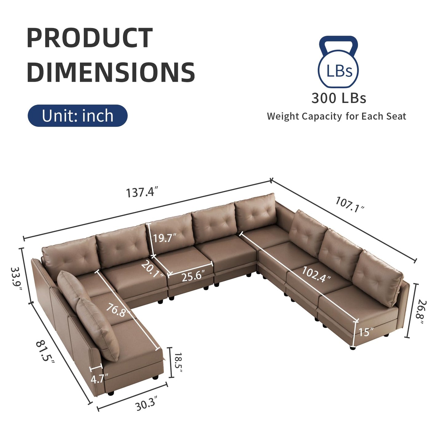 Oversized Modular Sofa Sectional Couch with Storage, Large 14 Seater U Shaped Sofa with Chaise EK HOME FURNITURE