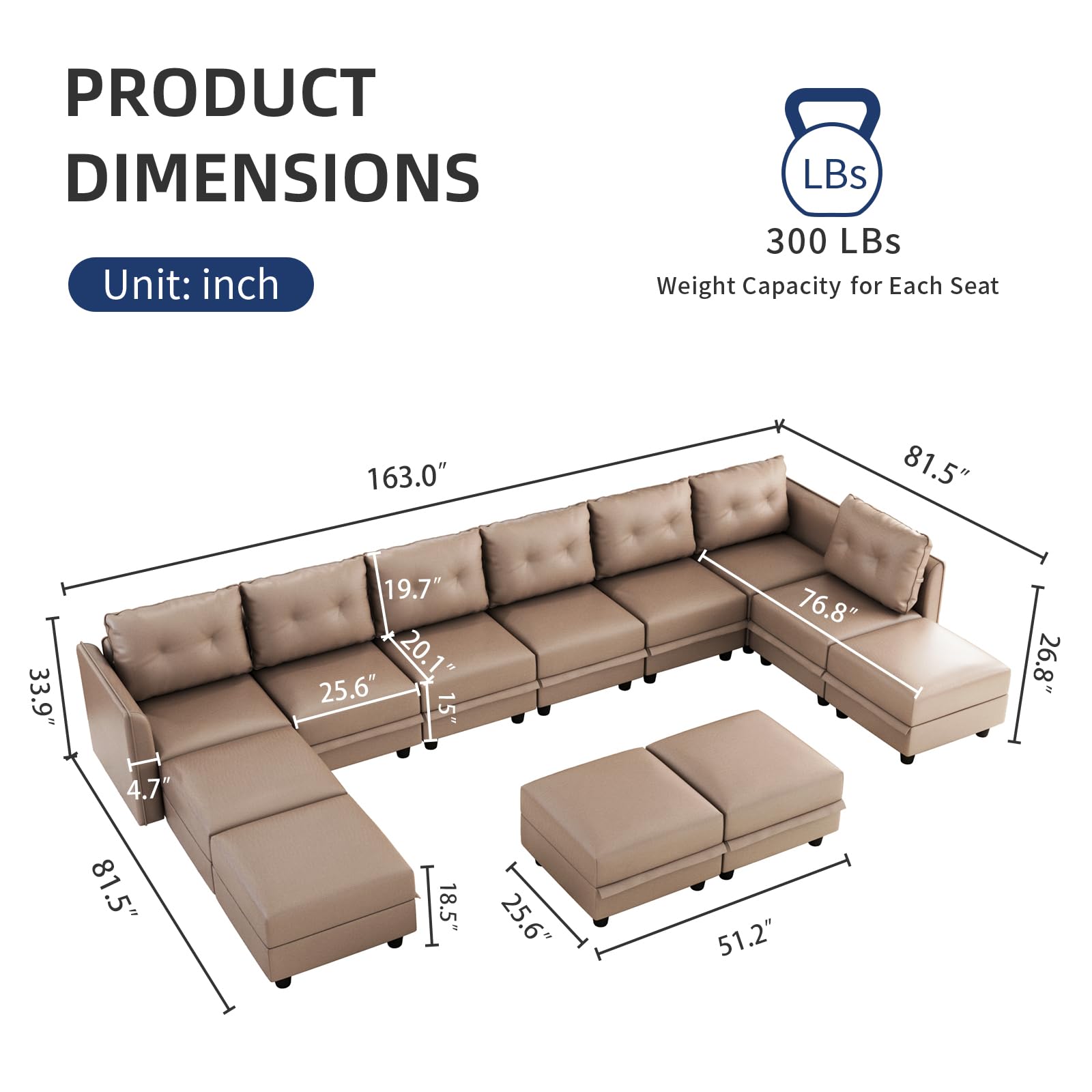 Oversized Modular Sofa Sectional Couch with Storage, Large 14 Seater U Shaped Sofa with Chaise EK HOME FURNITURE