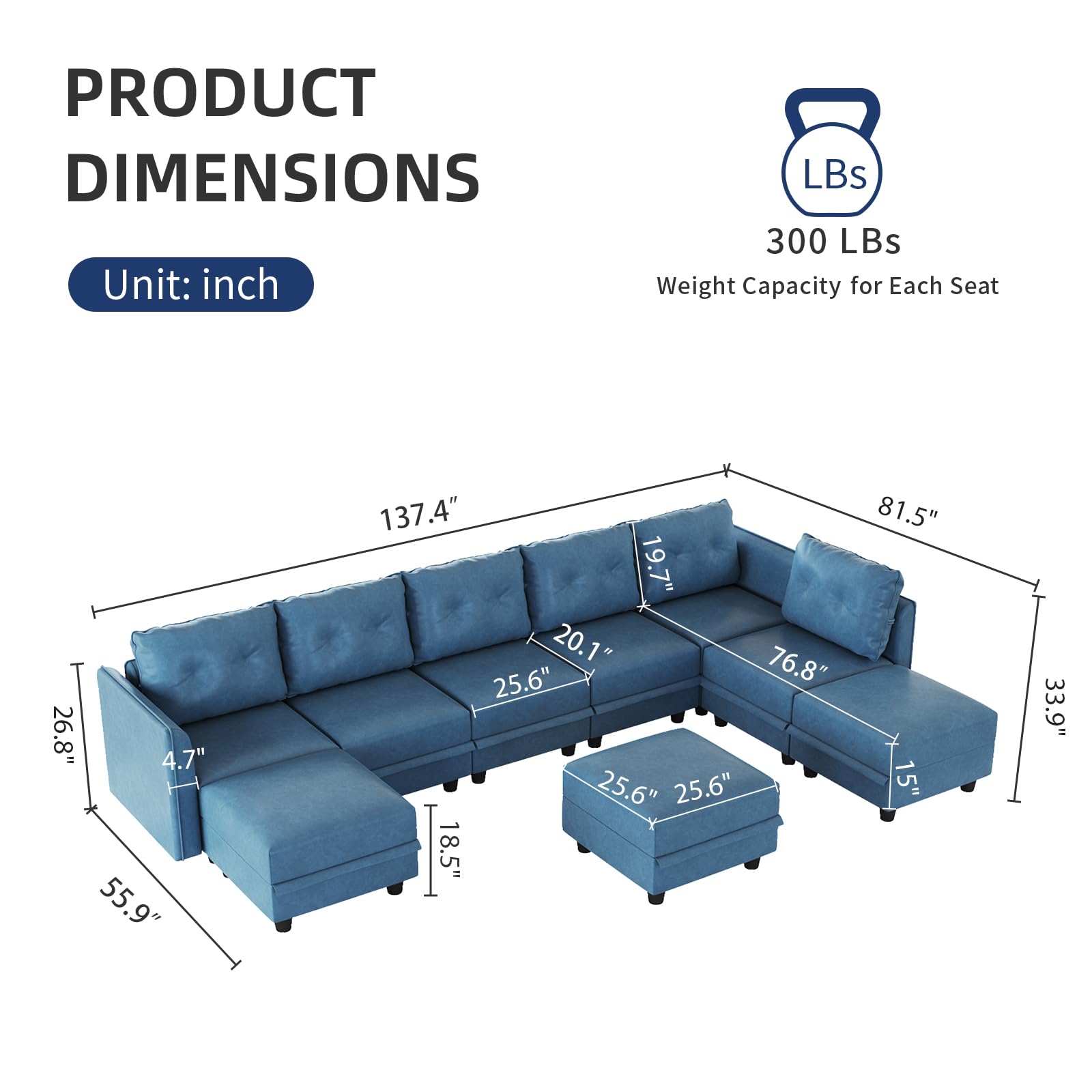 Oversized Modular Sofa Sectional Couch with Storage, Large 14 Seater U Shaped Sofa with Chaise EK HOME FURNITURE