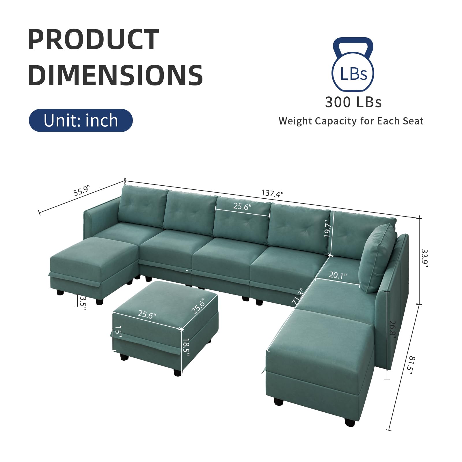 Oversized Modular Sofa Sectional Couch with Storage, Large 14 Seater U Shaped Sofa with Chaise EK HOME FURNITURE