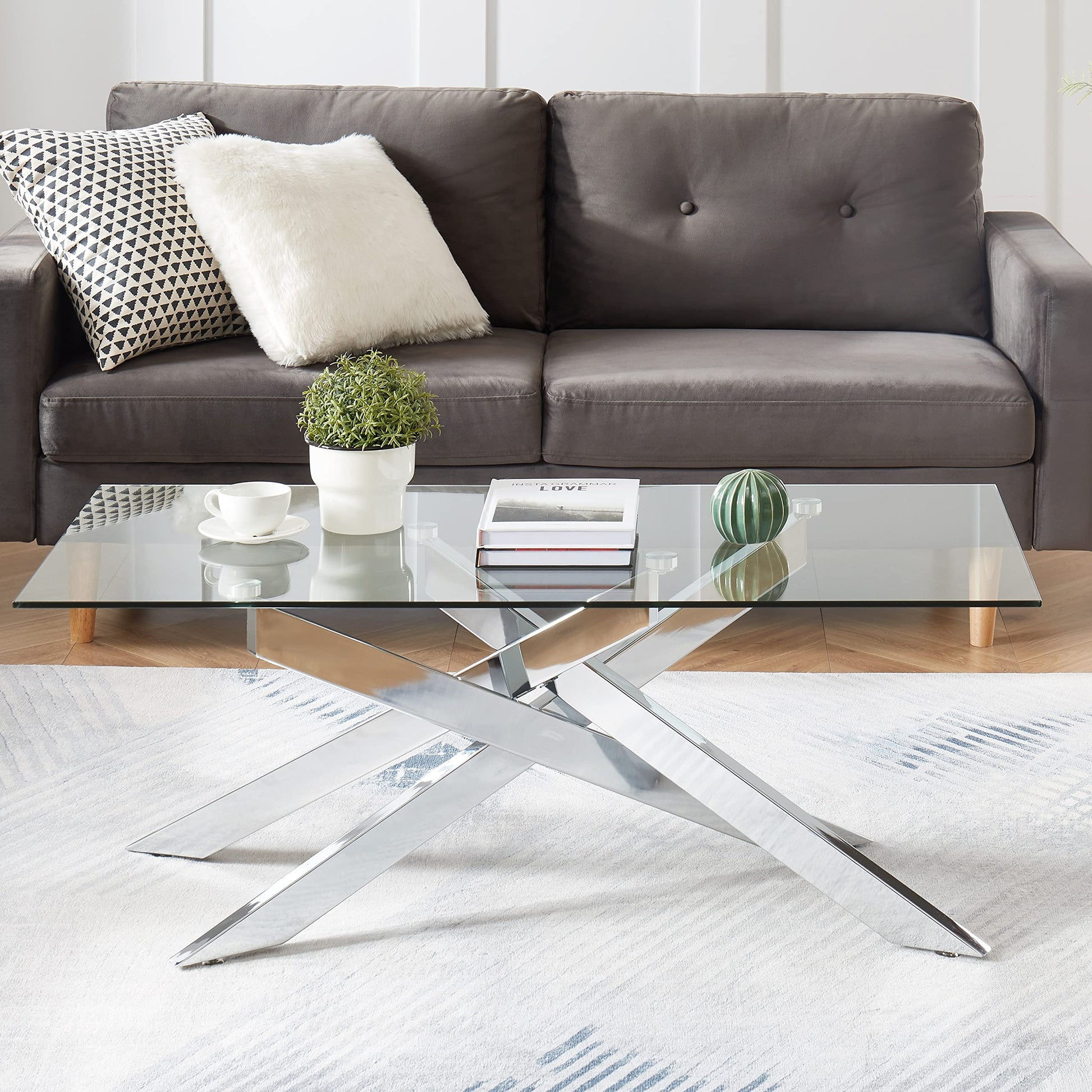 Rectangle Modern Coffee Table, Tempered Glass Top and Metal Tubular Leg EK HOME FURNITURE