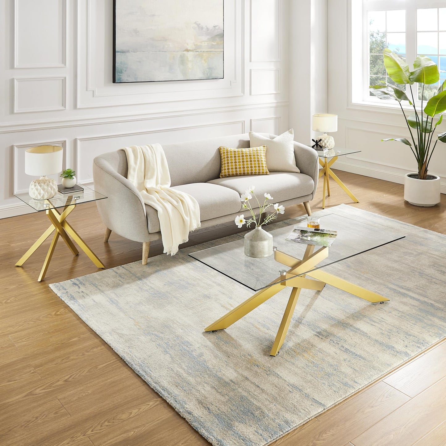 Rectangle Modern Coffee Table, Tempered Glass Top and Metal Tubular Leg EK HOME FURNITURE