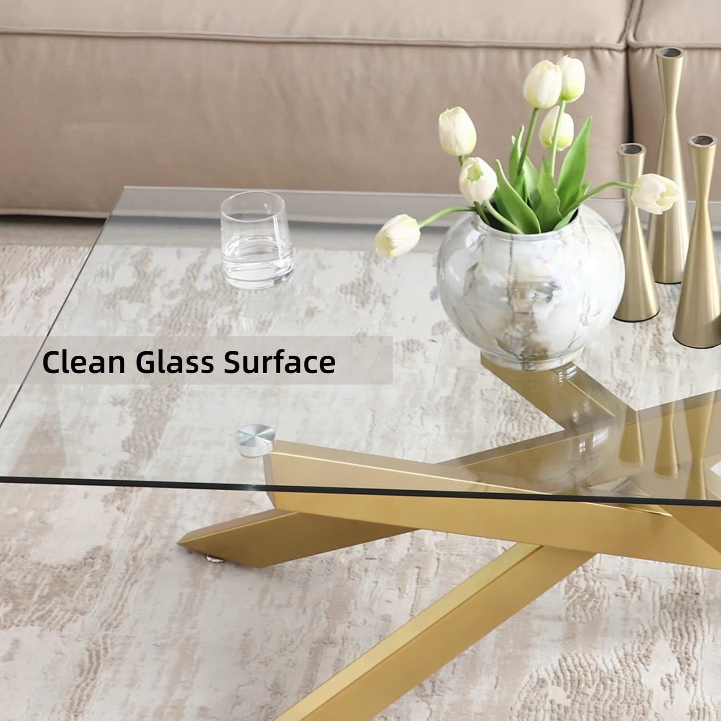 Rectangle Modern Coffee Table, Tempered Glass Top and Metal Tubular Leg EK HOME FURNITURE