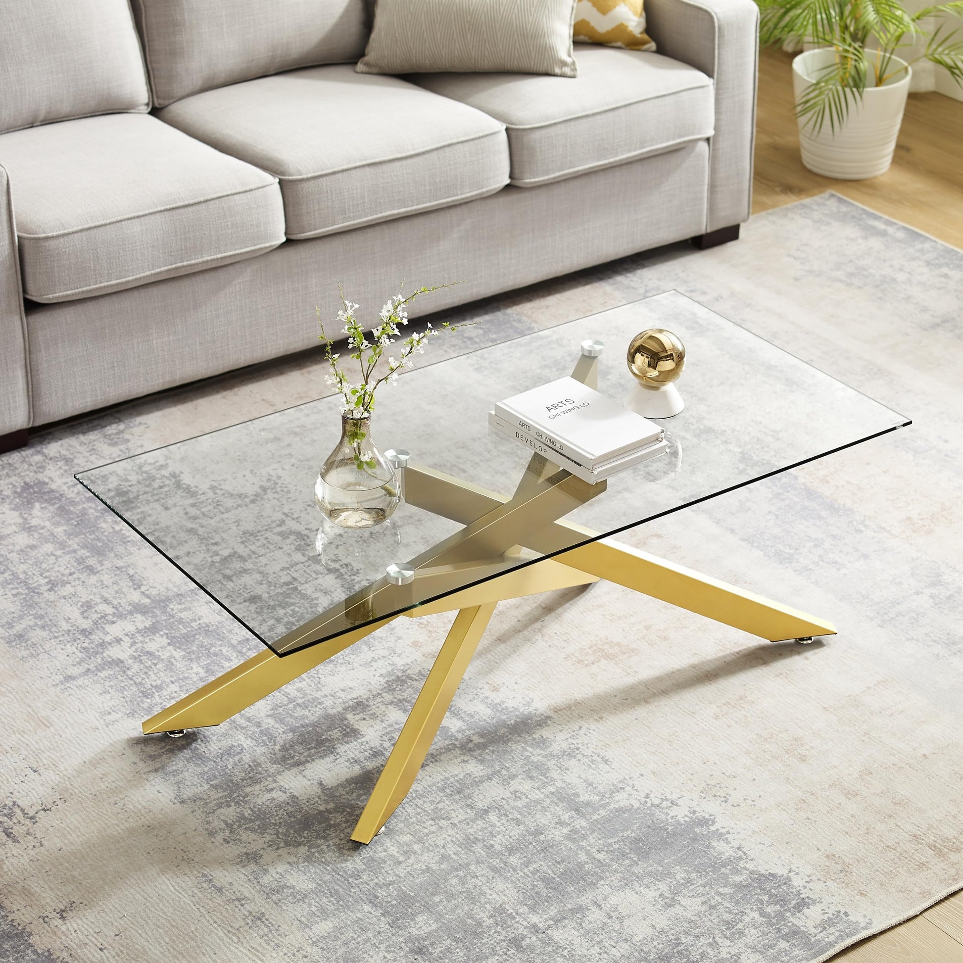 Rectangle Modern Coffee Table, Tempered Glass Top and Metal Tubular Leg EK HOME FURNITURE