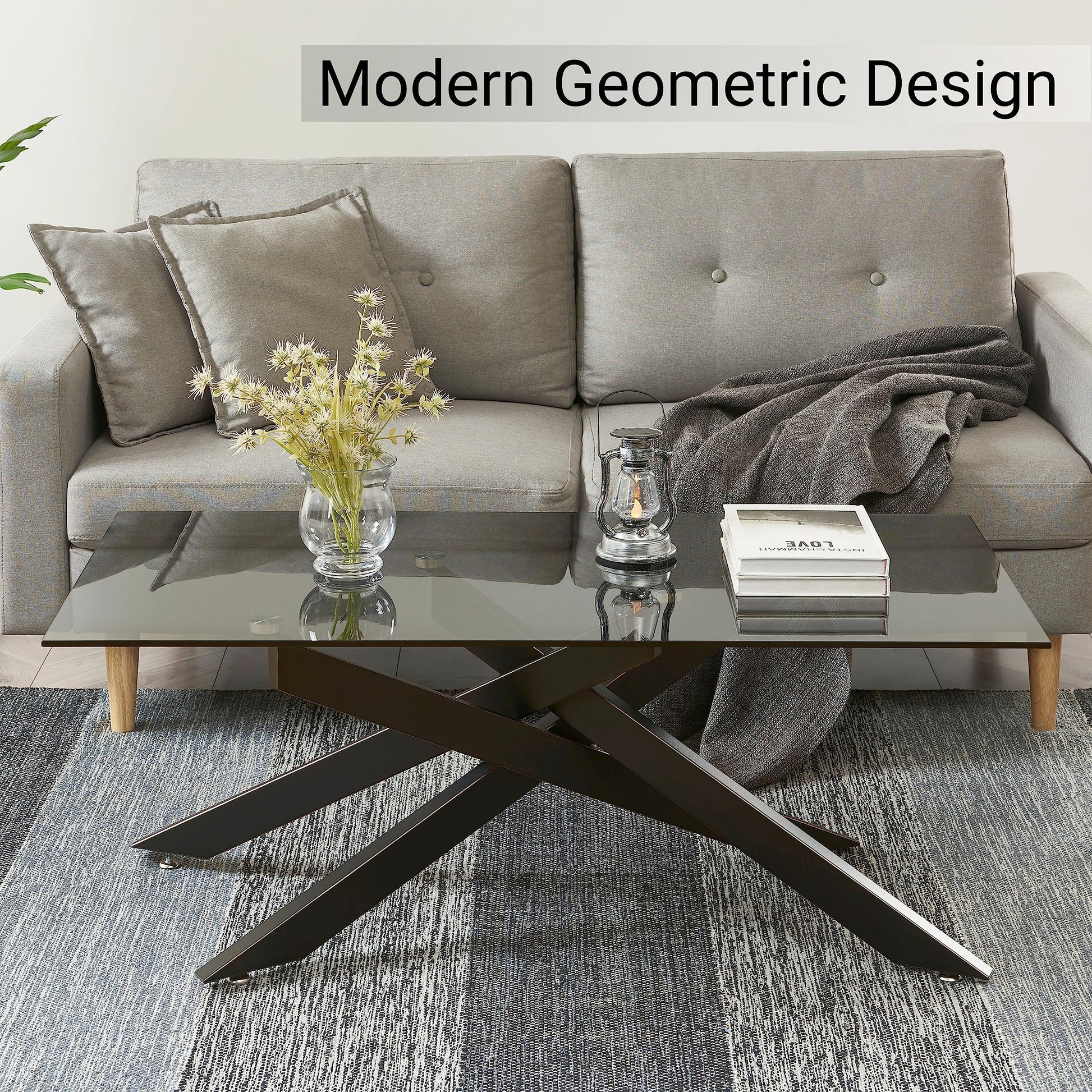 Rectangle Modern Coffee Table, Tempered Glass Top and Metal Tubular Leg EK HOME FURNITURE