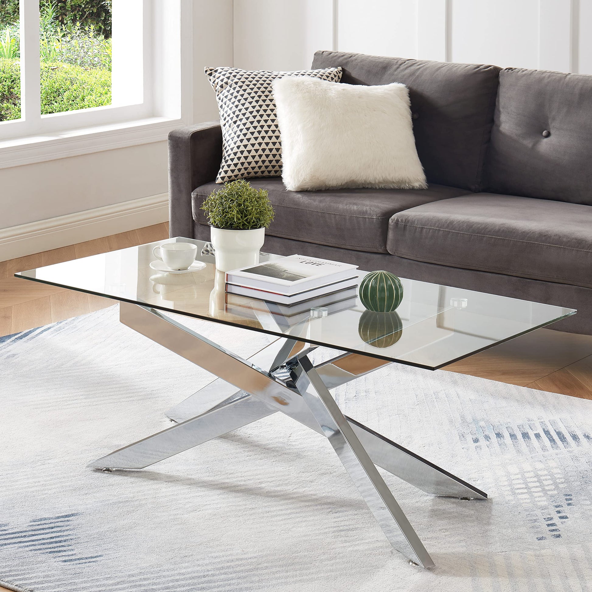 Rectangle Modern Coffee Table, Tempered Glass Top and Metal Tubular Leg EK HOME FURNITURE