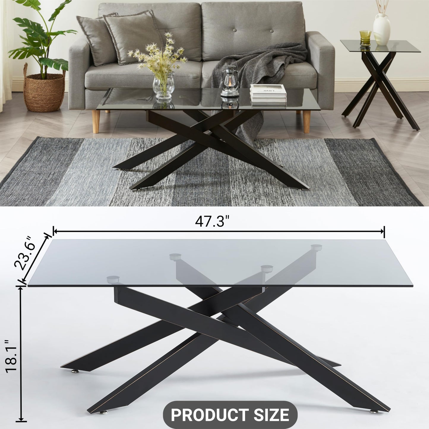 Rectangle Modern Coffee Table, Tempered Glass Top and Metal Tubular Leg EK HOME FURNITURE