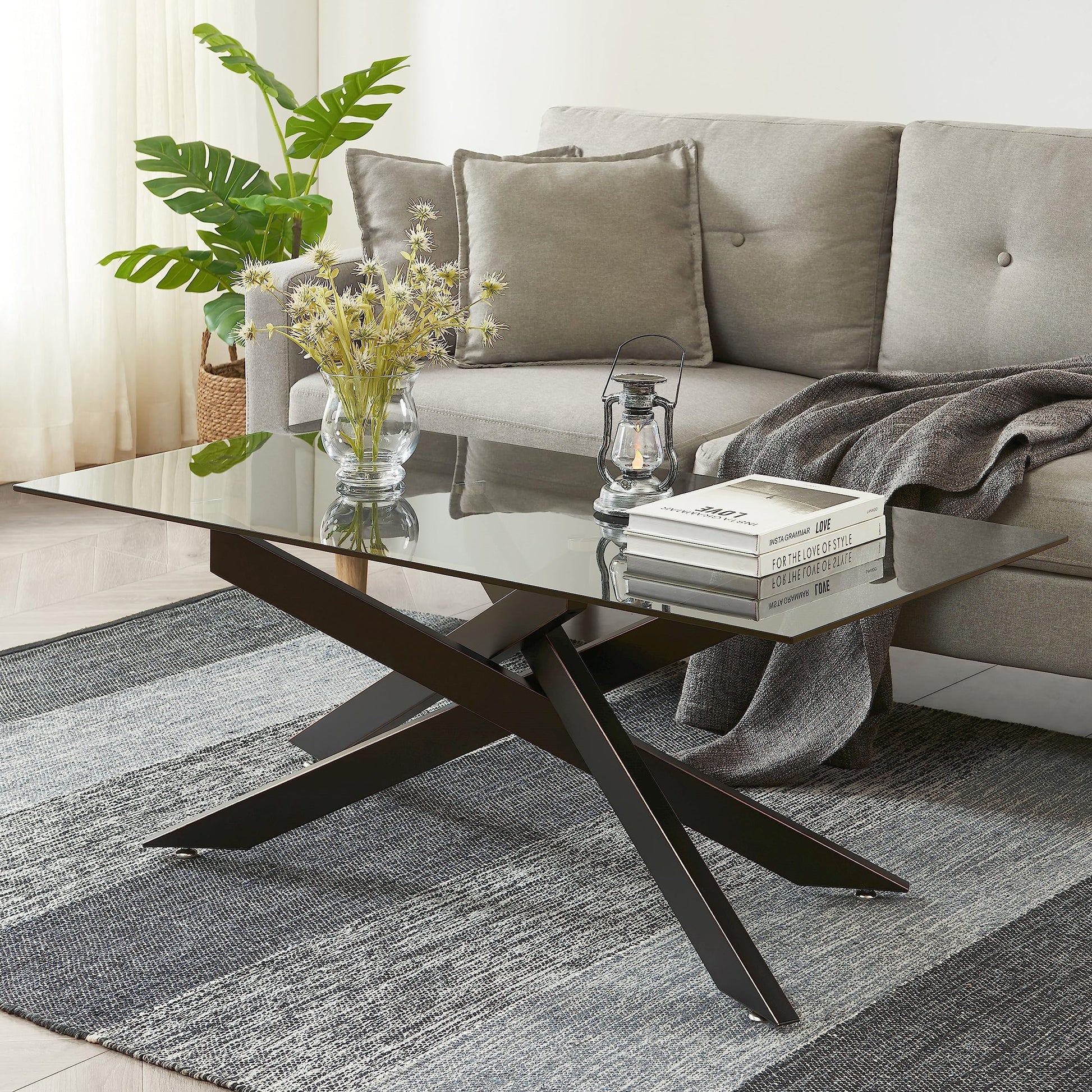 Rectangle Modern Coffee Table, Tempered Glass Top and Metal Tubular Leg EK HOME FURNITURE