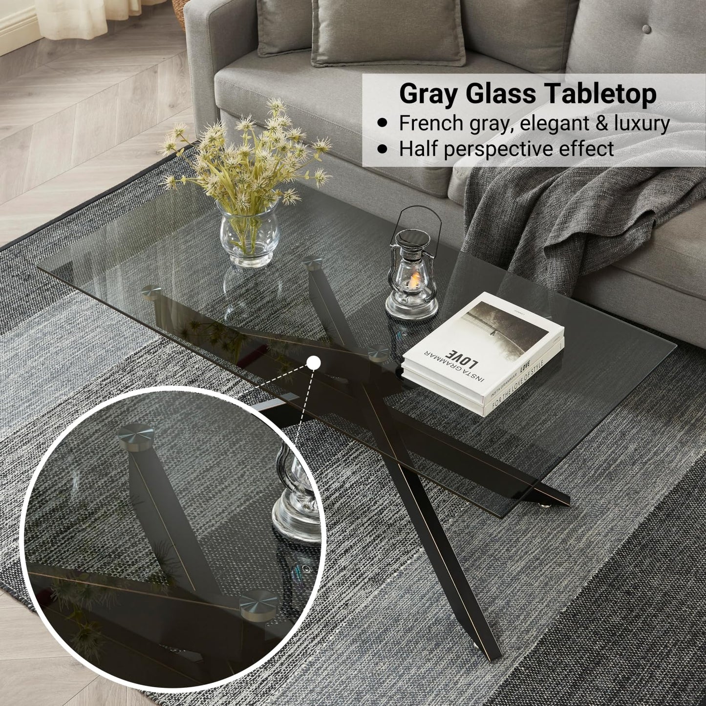 Rectangle Modern Coffee Table, Tempered Glass Top and Metal Tubular Leg EK HOME FURNITURE